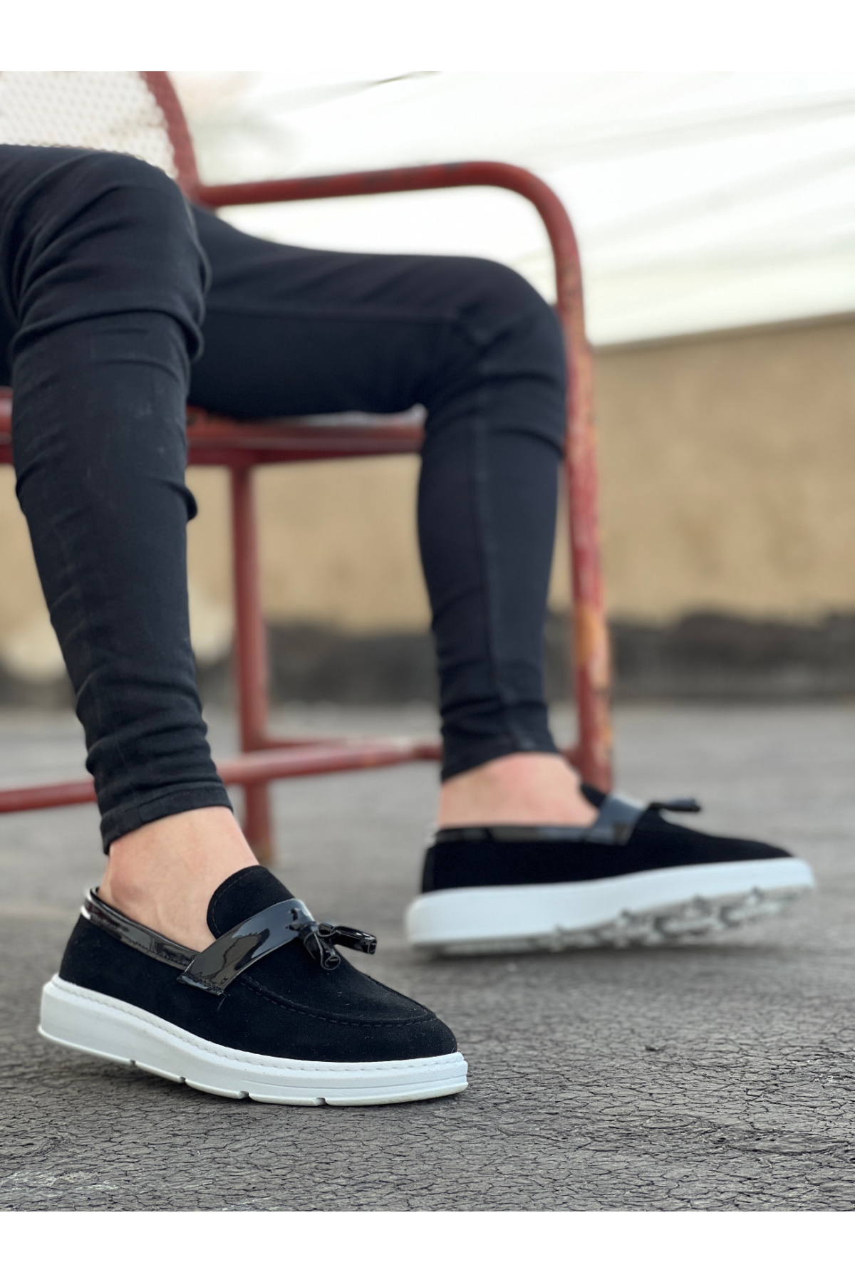 Bağcıksız Püsküllü Erkek Ayakkabı SİYAH SÜET (BEYAZ TABAN) - Görsel 3