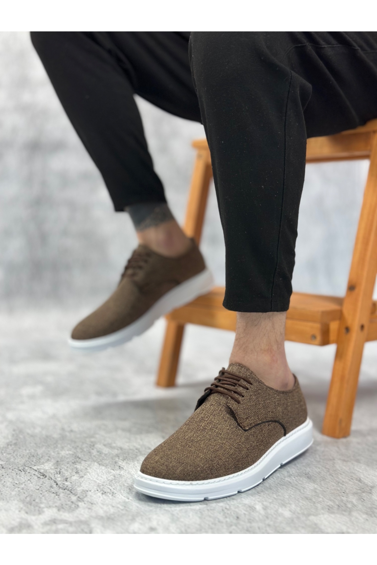 Bağcıklı Keten Casual Erkek Ayakkabı KAHVE (BEYAZ TABAN) - Görsel 2