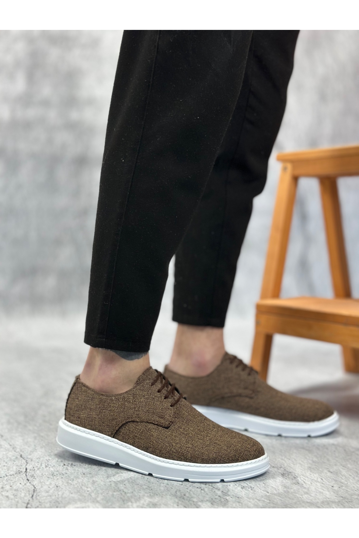 Bağcıklı Keten Casual Erkek Ayakkabı KAHVE (BEYAZ TABAN) - Görsel 4