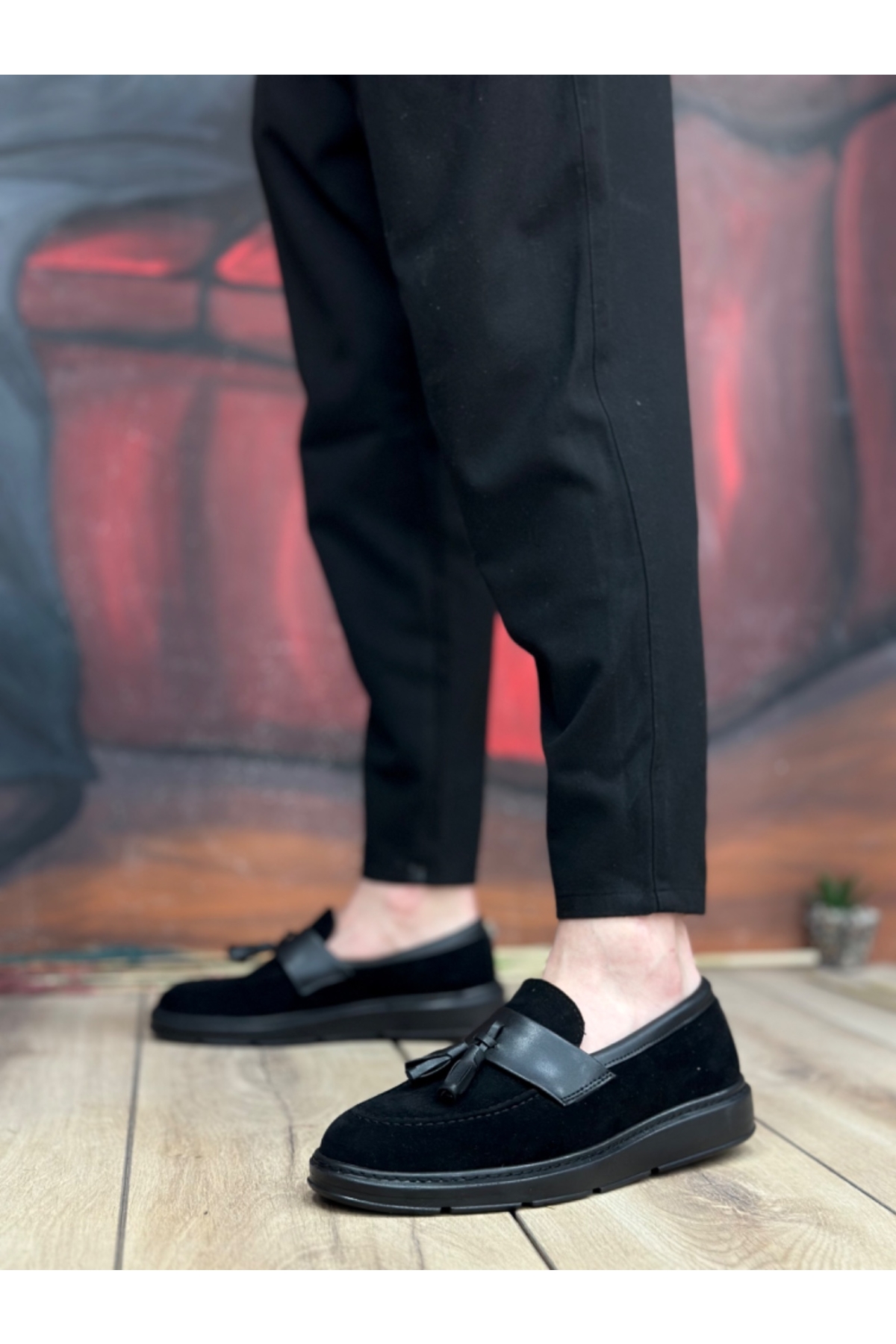 Bağcıksız Püsküllü Erkek Ayakkabı SİYAH SÜET (SİYAH TABAN) - Görsel 2