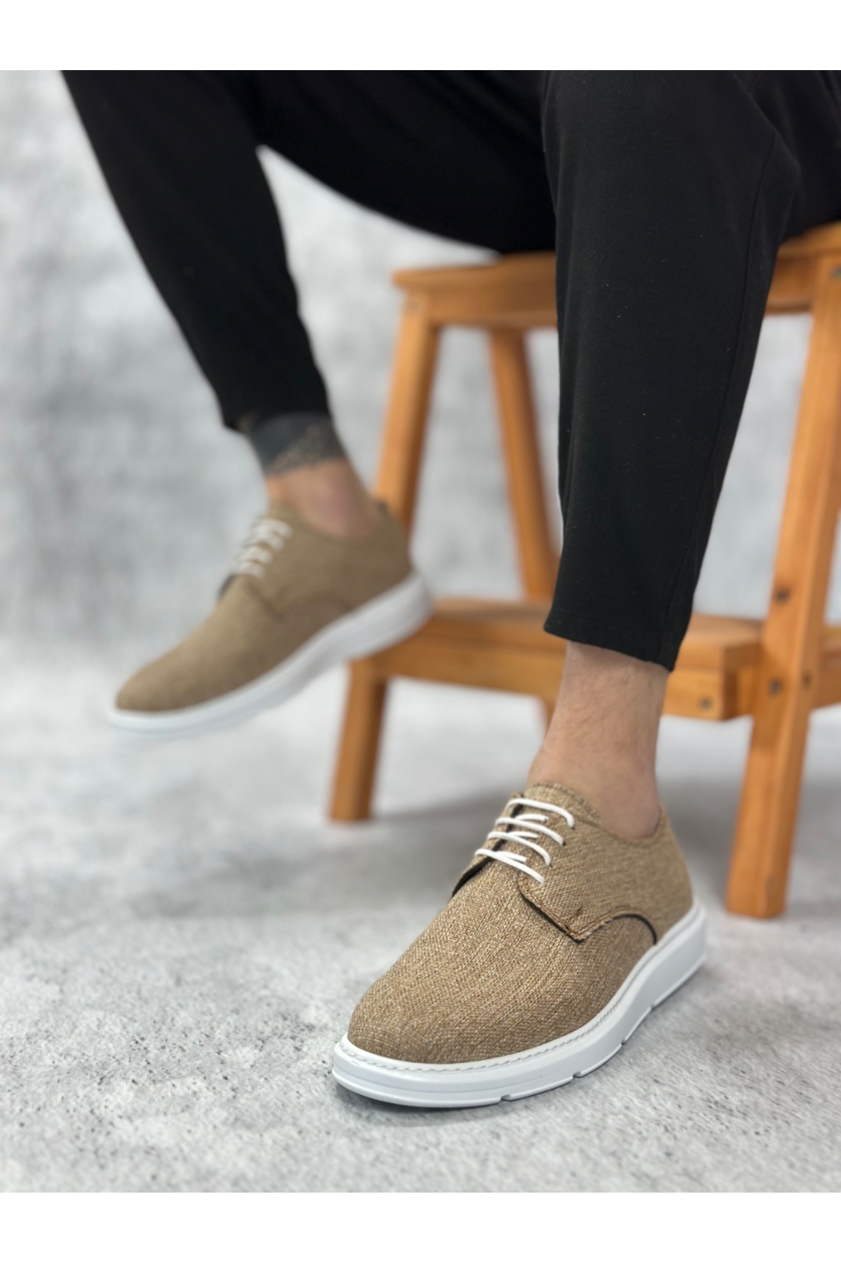 Bağcıklı Keten Casual Erkek Ayakkabı HARDAL (BEYAZ TABAN) - Görsel 3