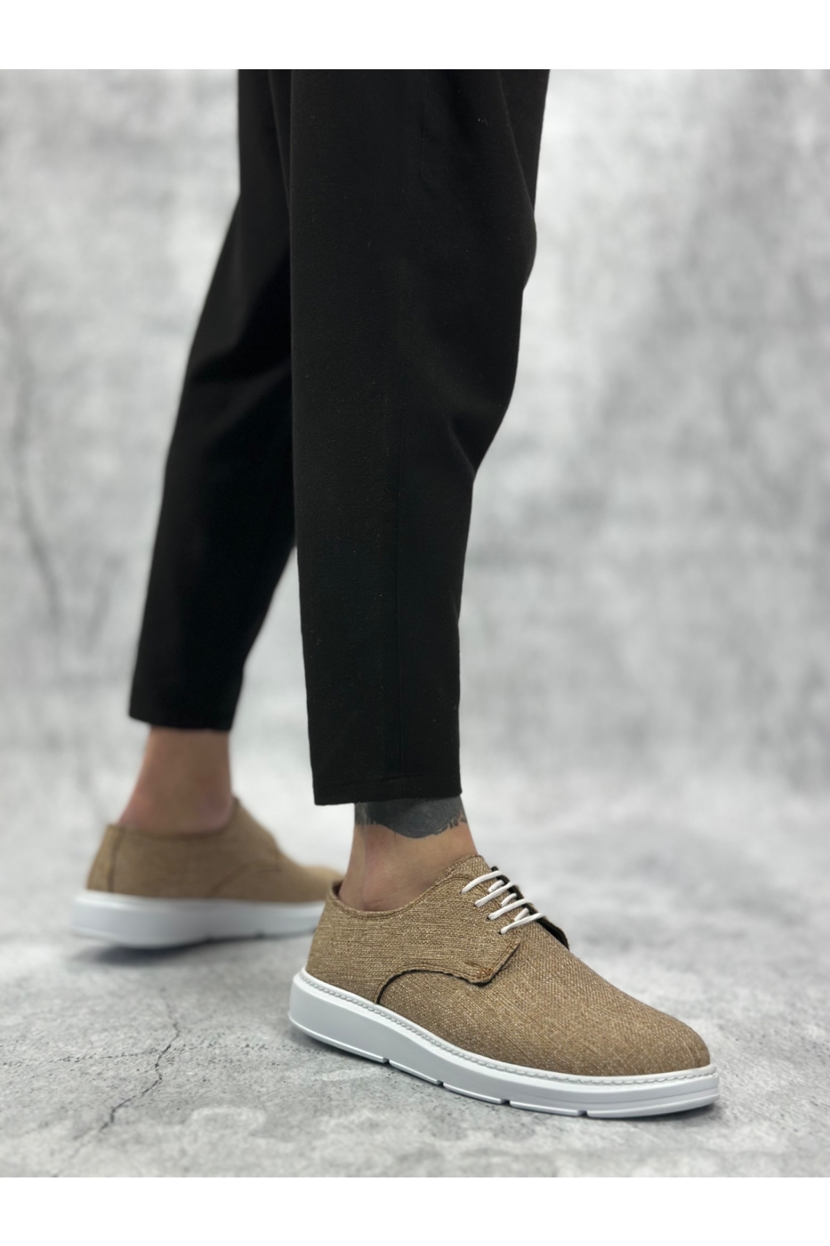 Bağcıklı Keten Casual Erkek Ayakkabı HARDAL (BEYAZ TABAN) - Görsel 4