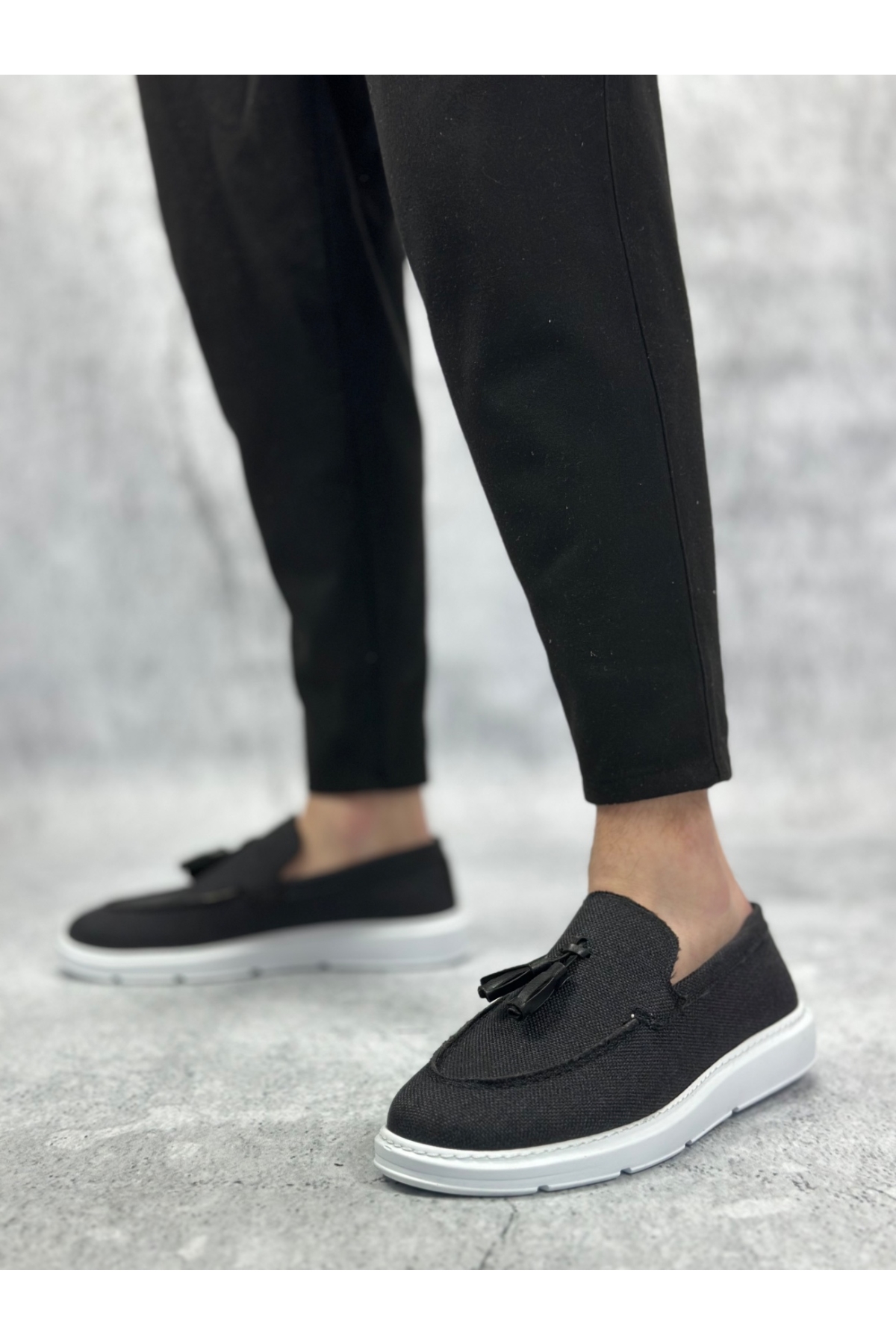 Bağcıksız Keten Püsküllü Erkek Klasik Ayakkabı SİYAH (BEYAZ TABAN) - Görsel 3