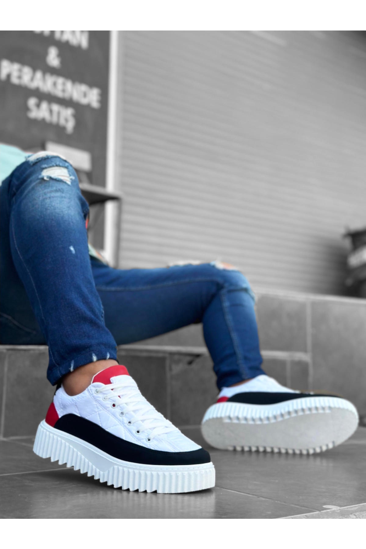 Bağcıklı Paraşüt Kumaş Erkek Spor Ayakkabı BEYAZ SİYAH KIRMIZI (BEYAZ TABAN) - Görsel 2