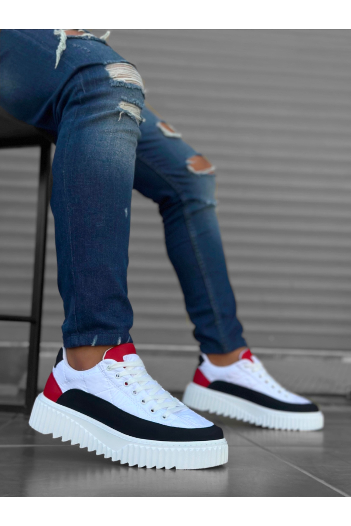 Bağcıklı Paraşüt Kumaş Erkek Spor Ayakkabı BEYAZ SİYAH KIRMIZI (BEYAZ TABAN) - Görsel 3