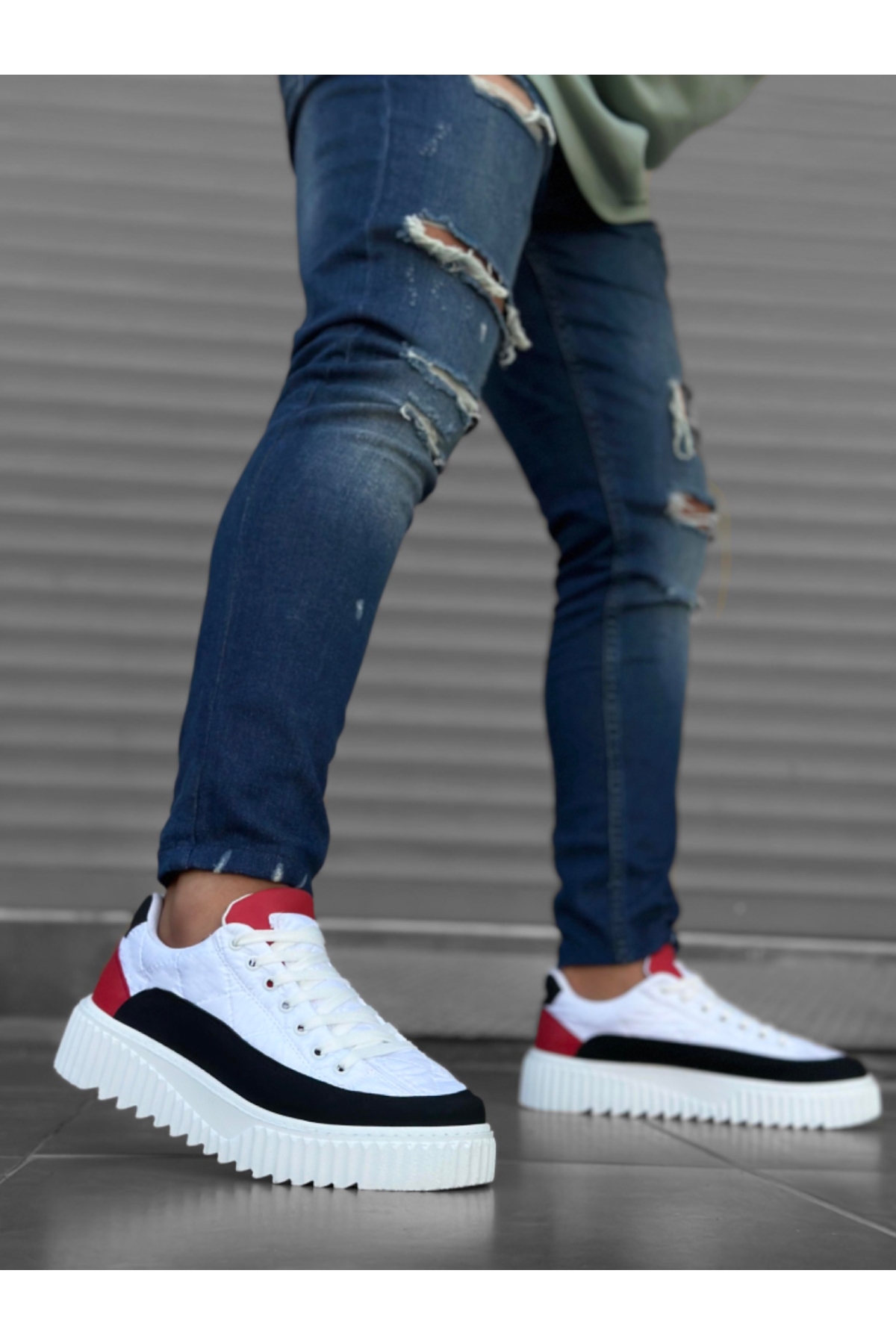 Bağcıklı Paraşüt Kumaş Erkek Spor Ayakkabı BEYAZ SİYAH KIRMIZI (BEYAZ TABAN) - Görsel 4