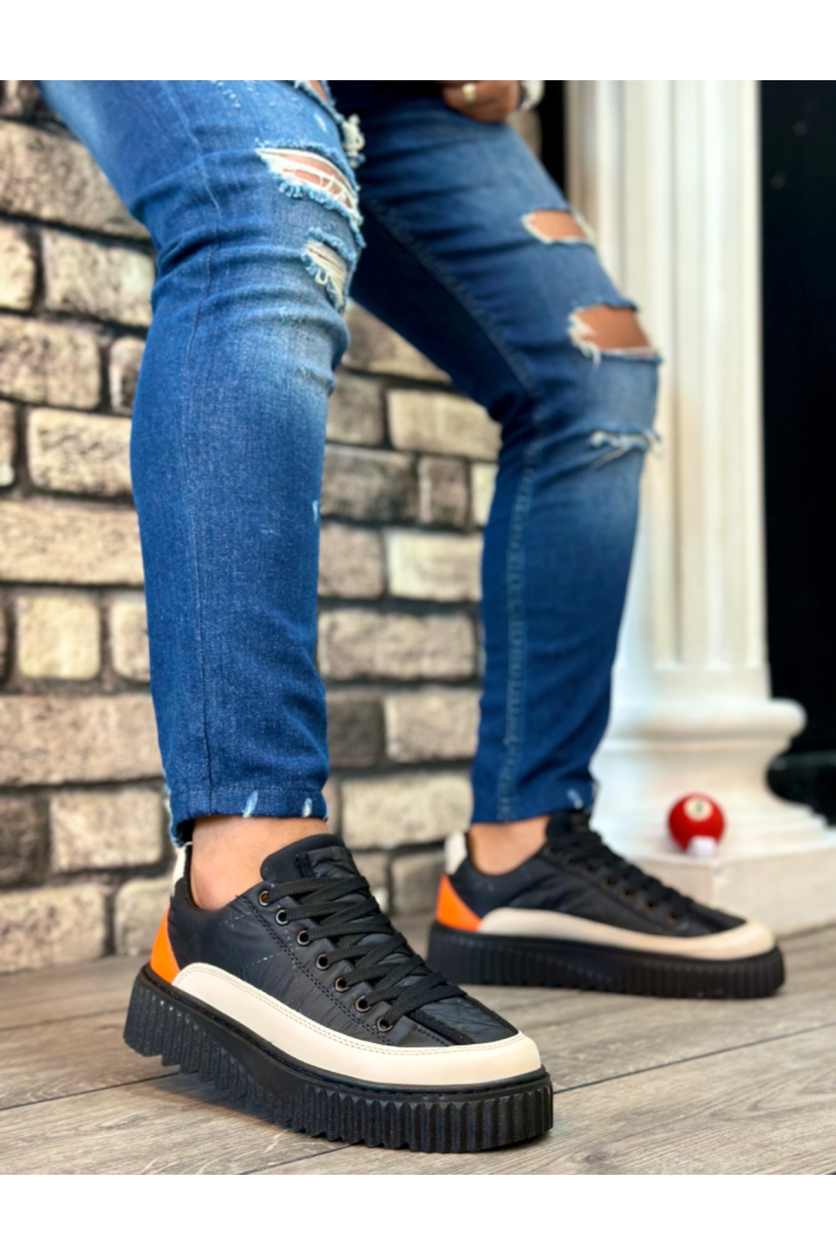 Bağcıklı Paraşüt Kumaş Erkek Spor Ayakkabı SİYAH KREM TURUNCU (SİYAH TABAN) - Görsel 2