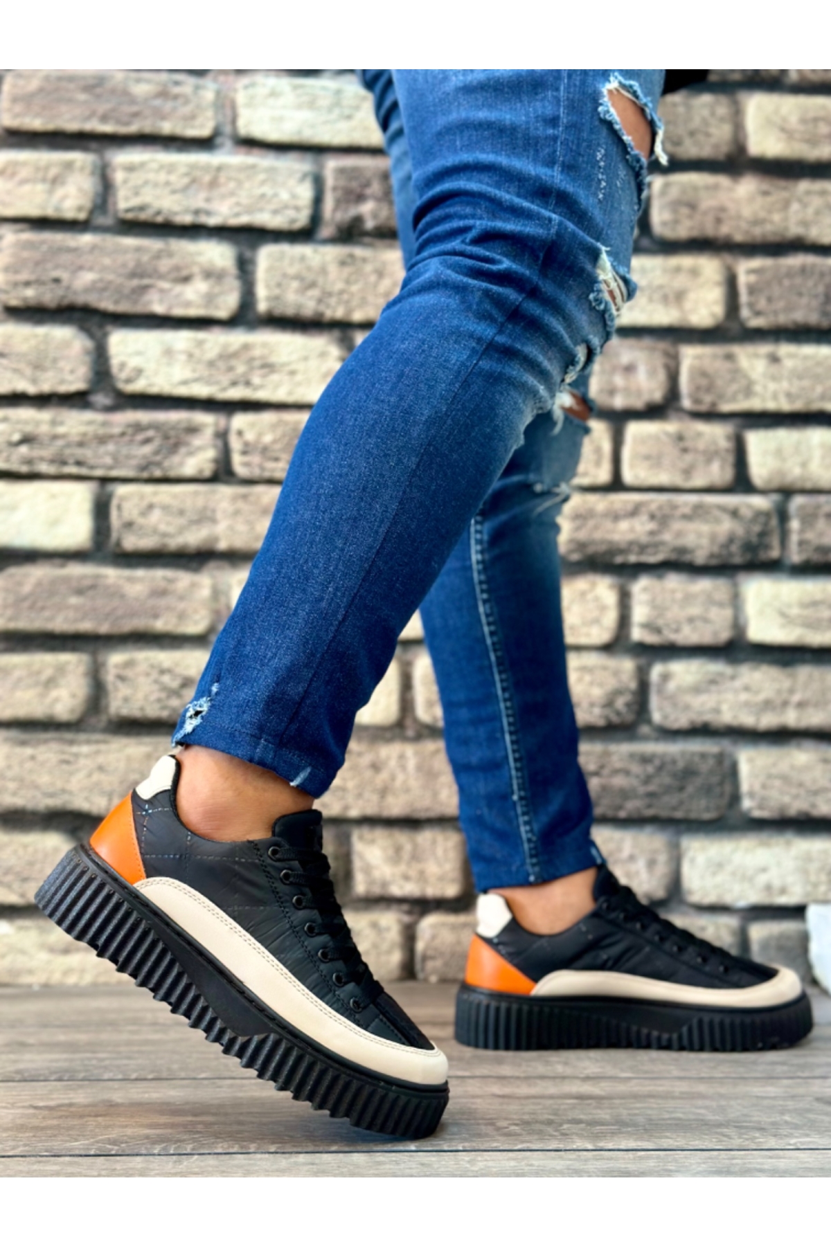 Bağcıklı Paraşüt Kumaş Erkek Spor Ayakkabı SİYAH KREM TURUNCU (SİYAH TABAN) - Görsel 3