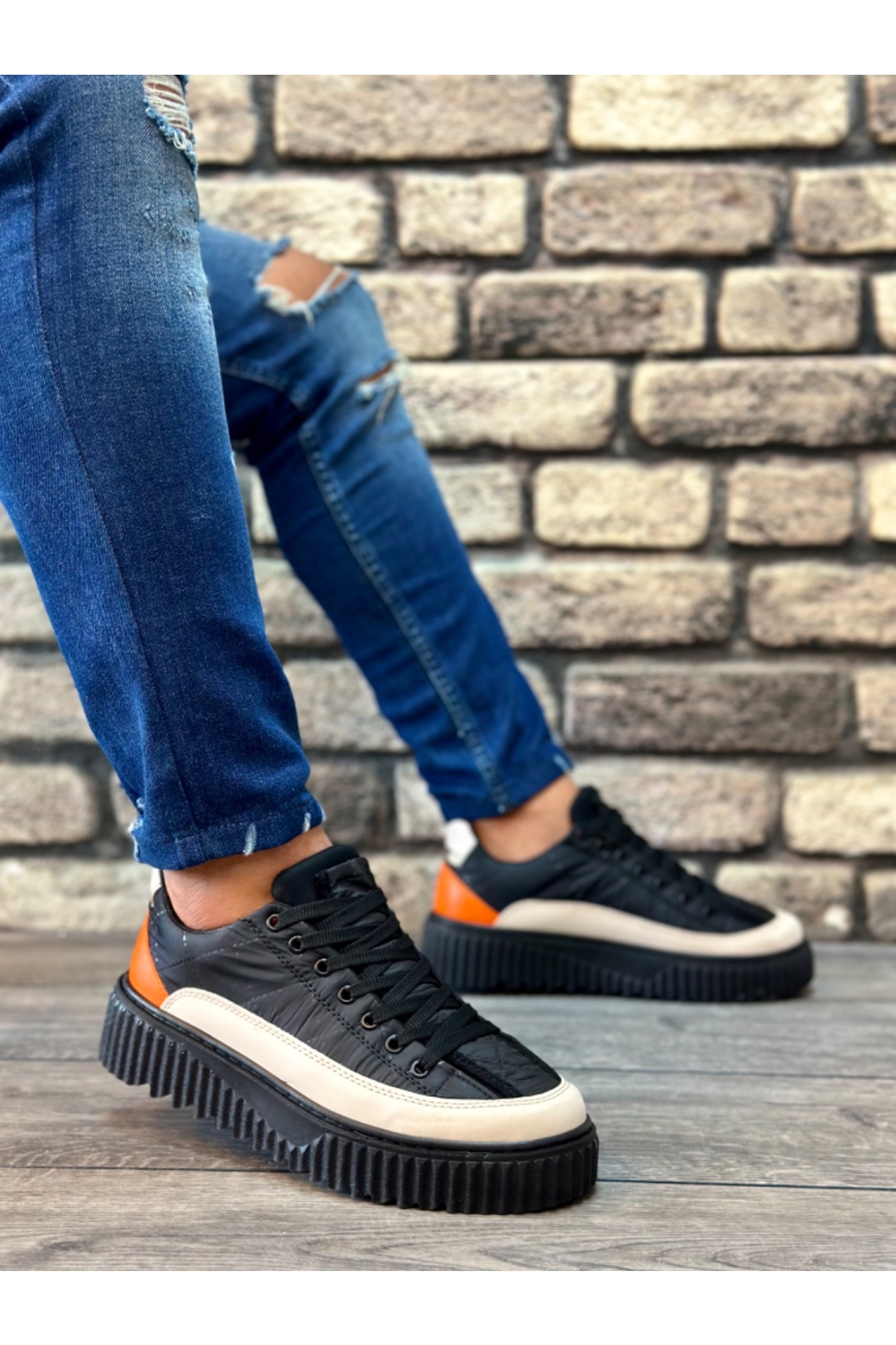 Bağcıklı Paraşüt Kumaş Erkek Spor Ayakkabı SİYAH KREM TURUNCU (SİYAH TABAN) - Görsel 4