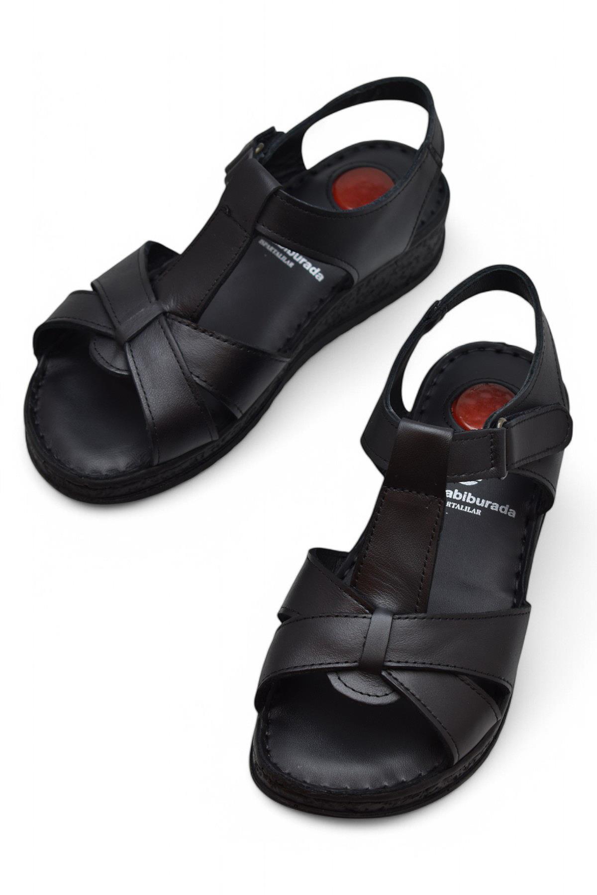 204 TAM ORTOPEDİK Hakiki Deri Kadın Sandalet Topuk Jel Taban Kadın Deri Sandalet - Görsel 3