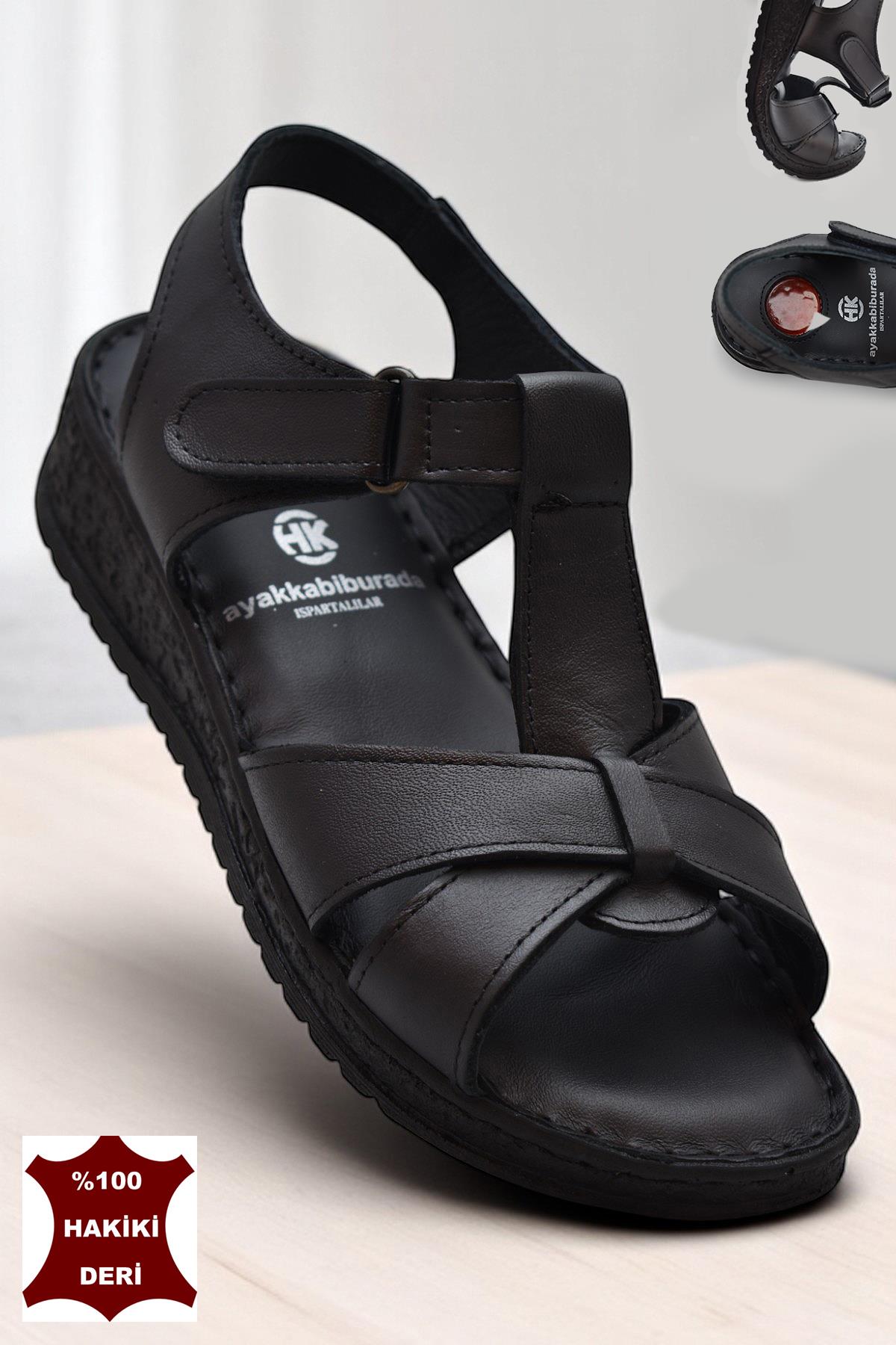 204 TAM ORTOPEDİK Hakiki Deri Kadın Sandalet Topuk Jel Taban Kadın Deri Sandalet - Görsel 5