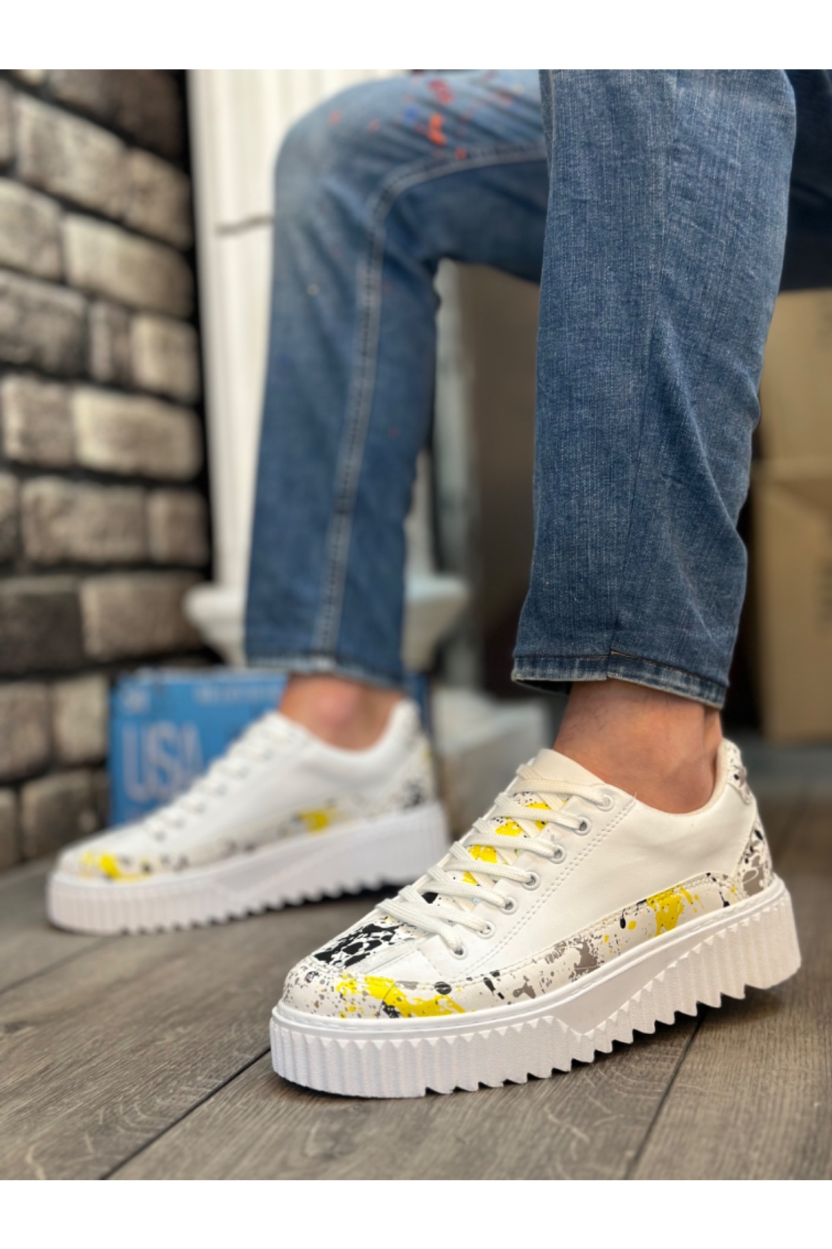 Bağcıklı Baskı Detaylı Erkek Spor Ayakkabı BEYAZ (BEYAZ TABAN) - Görsel 3