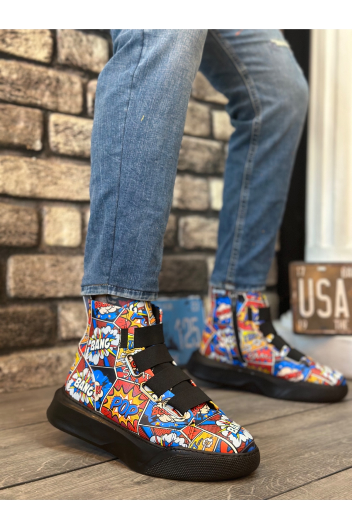 Bantlı Fermuarlı Erkek Spor Bot RENKLİ BASKILI (SİYAH TABAN) - Görsel 2