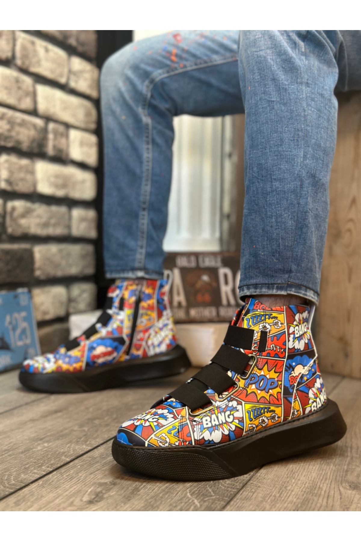 Bantlı Fermuarlı Erkek Spor Bot RENKLİ BASKILI (SİYAH TABAN) - Görsel 3