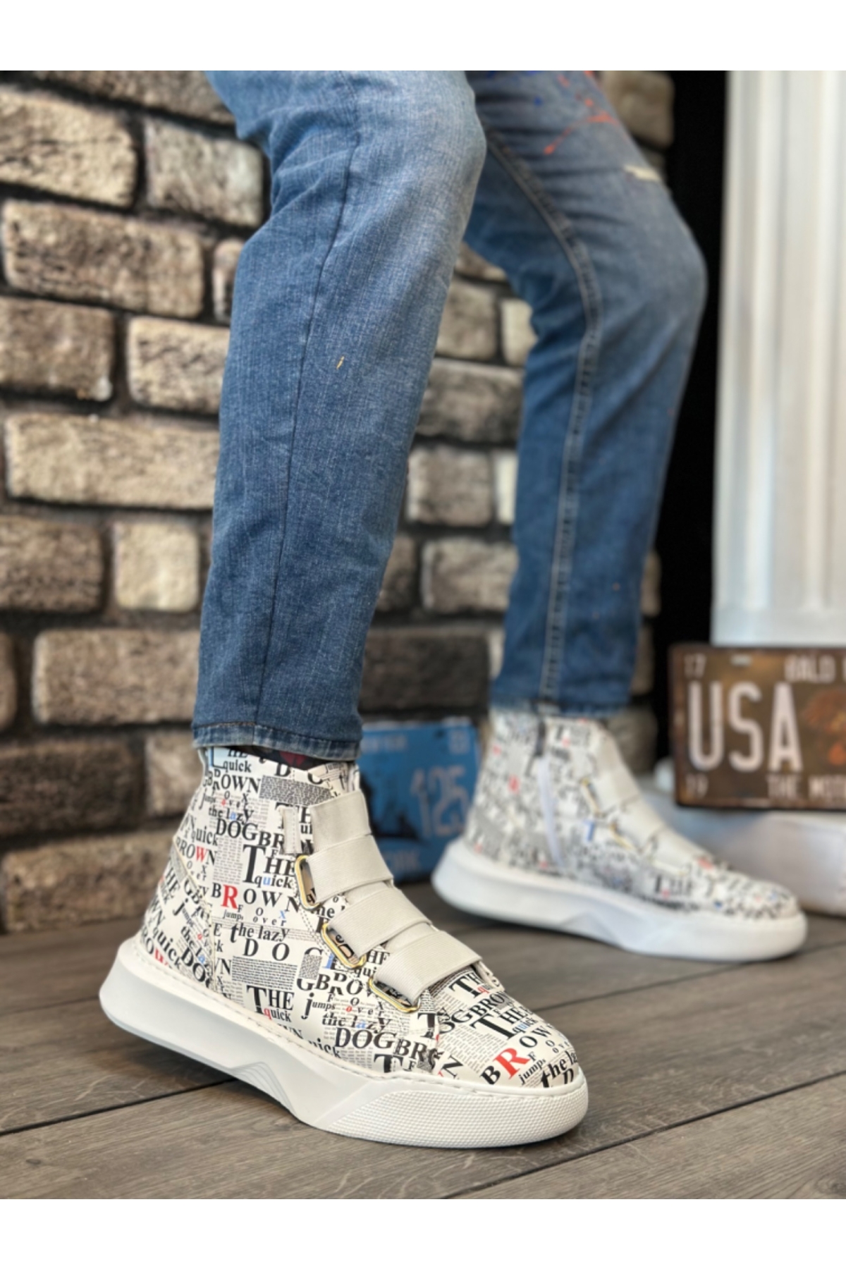 Bantlı Fermuarlı Erkek Spor Bot BEYAZ BASKILI (BEYAZ TABAN) - Görsel 2