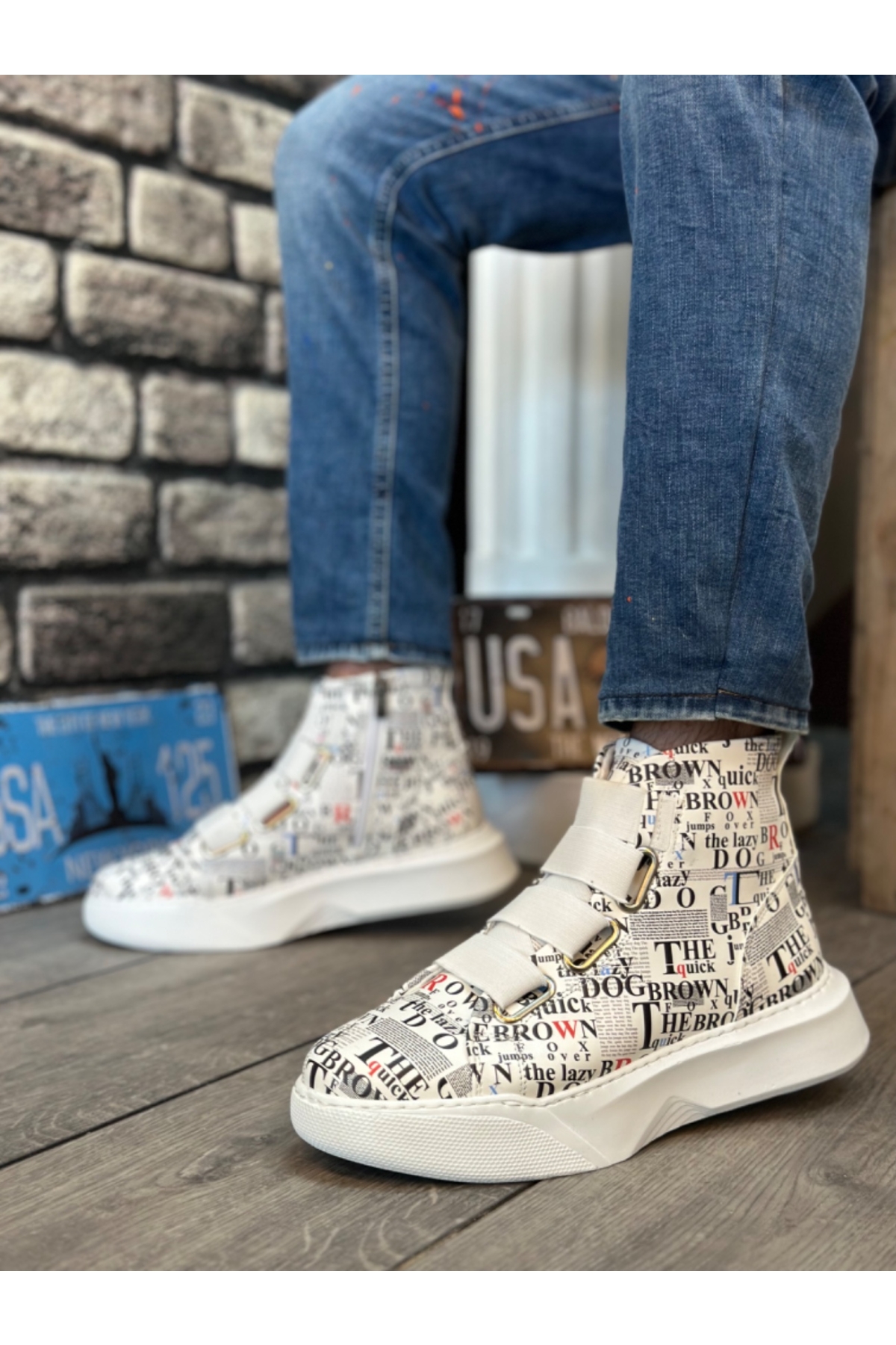 Bantlı Fermuarlı Erkek Spor Bot BEYAZ BASKILI (BEYAZ TABAN) - Görsel 3