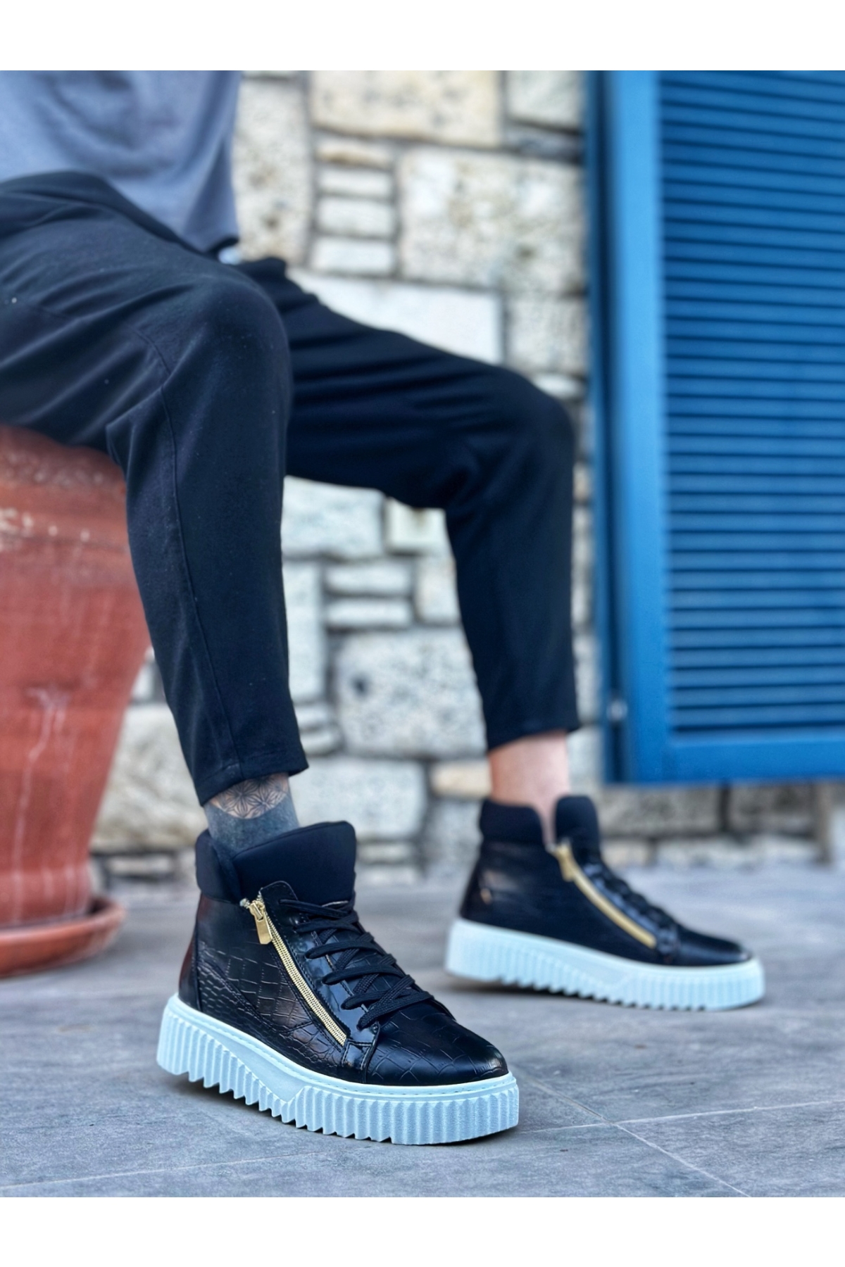 Bağcıklı Çift Fermuarlı Erkek Spor Bot SİYAH (BEYAZ TABAN) - Görsel 2