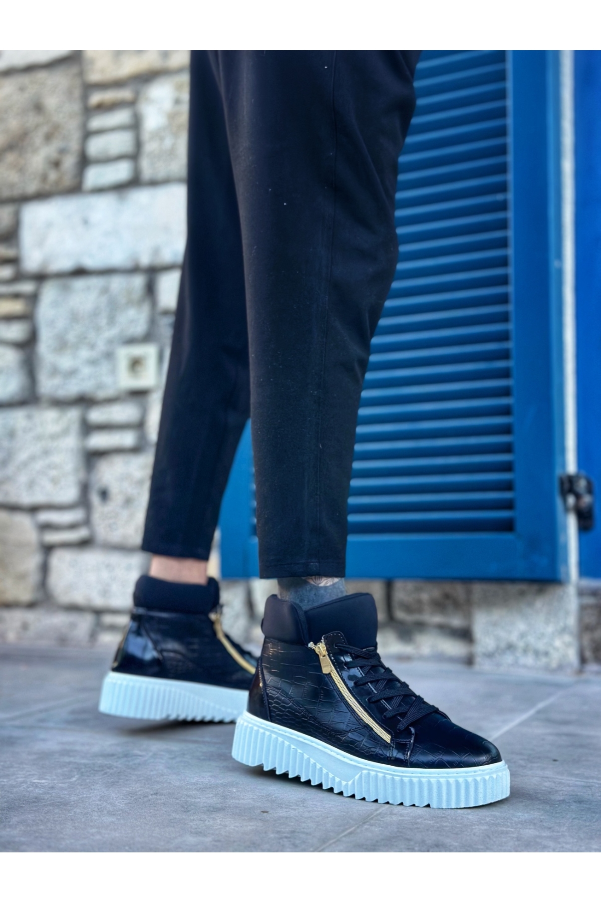 Bağcıklı Çift Fermuarlı Erkek Spor Bot SİYAH (BEYAZ TABAN) - Görsel 3