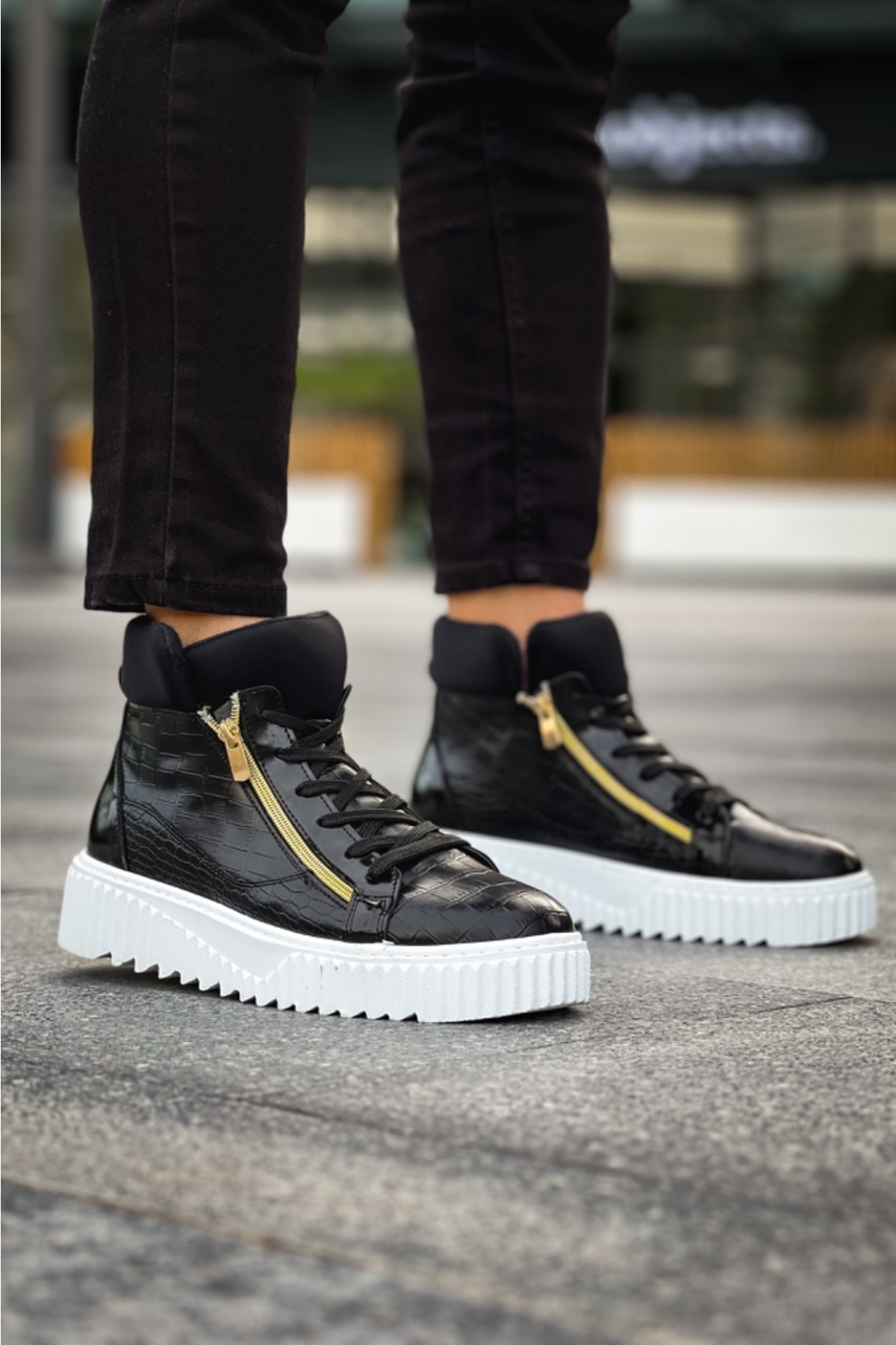 Bağcıklı Çift Fermuarlı Erkek Spor Bot SİYAH (BEYAZ TABAN) - Görsel 4