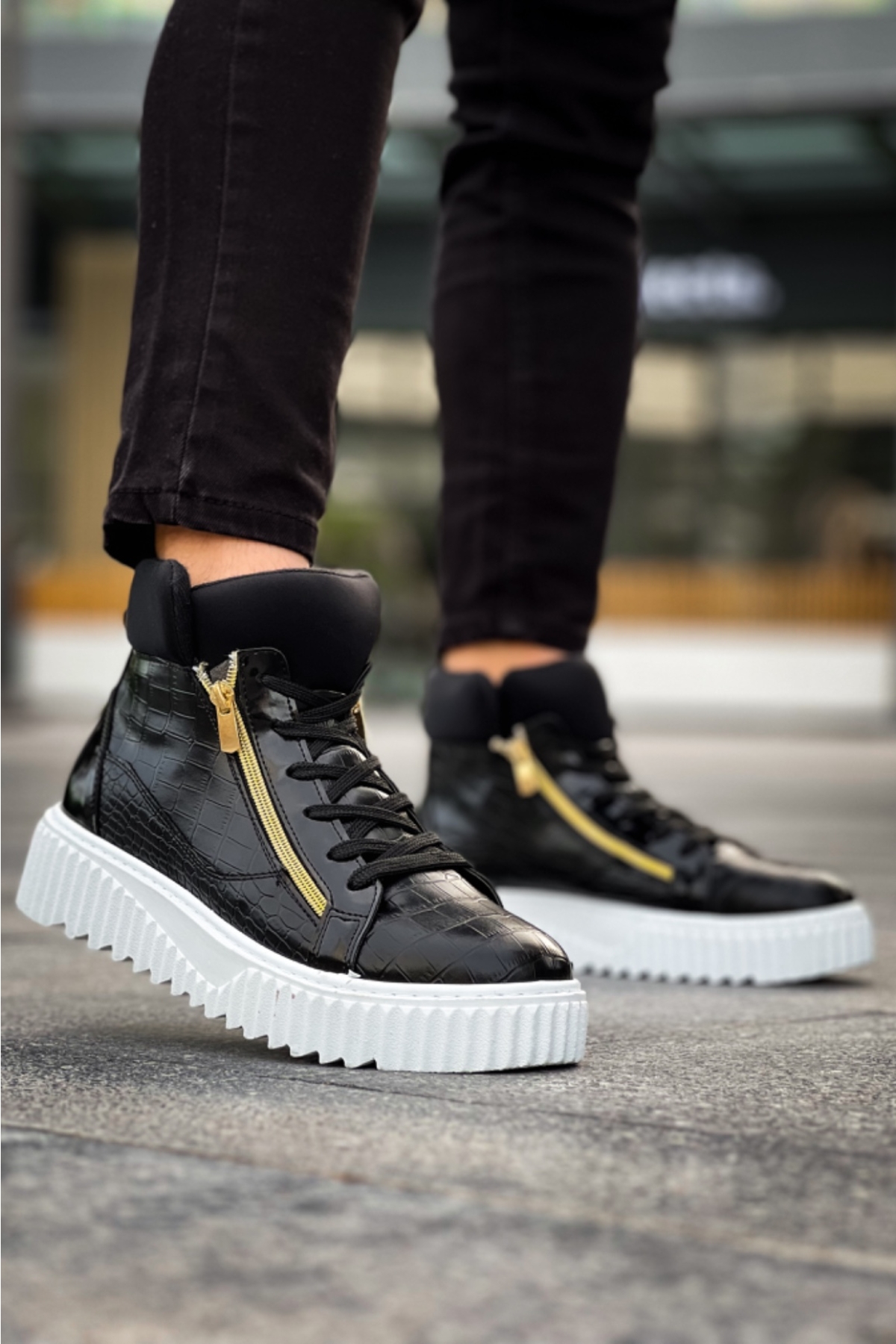 Bağcıklı Çift Fermuarlı Erkek Spor Bot SİYAH (BEYAZ TABAN) - Görsel 5