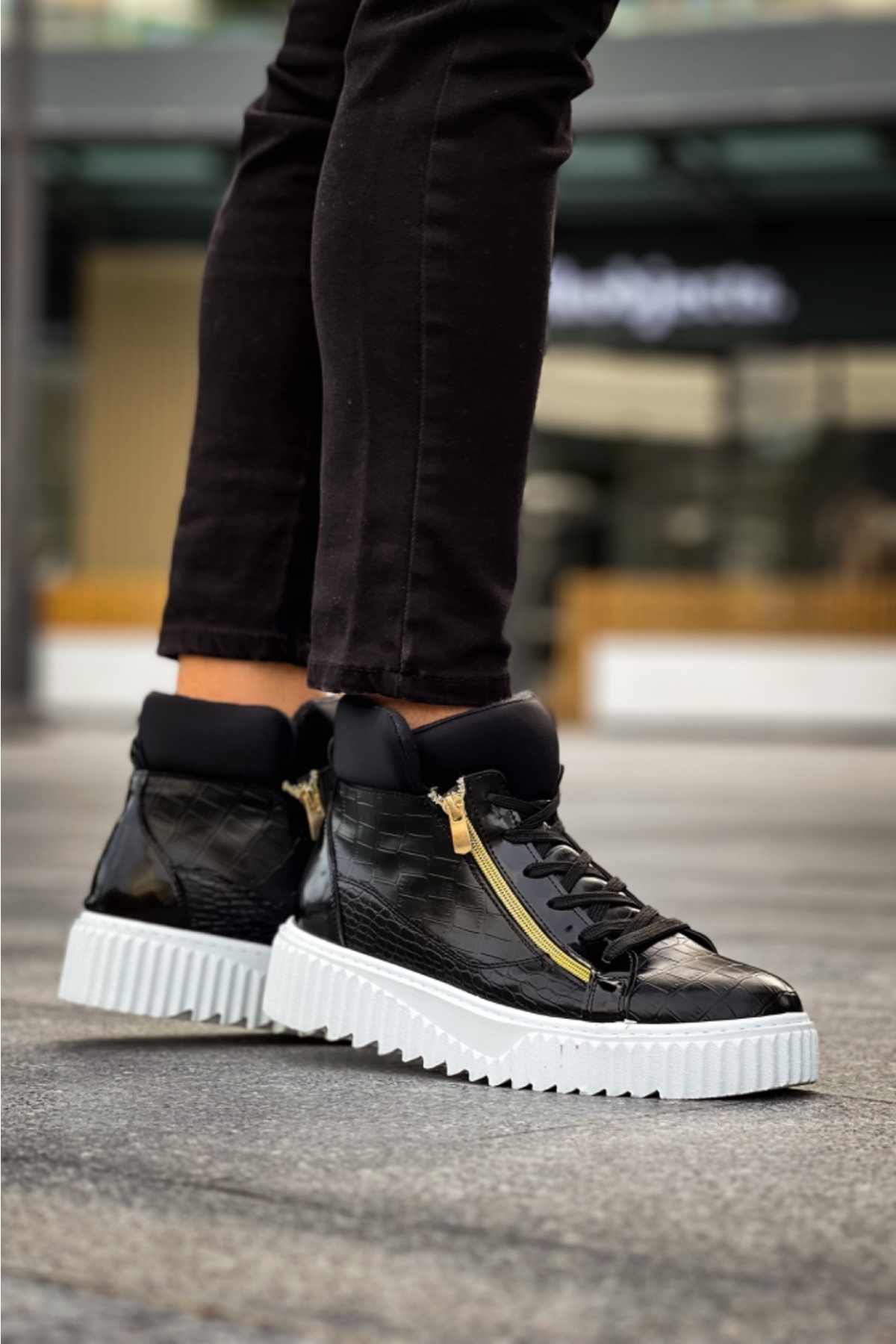 Bağcıklı Çift Fermuarlı Erkek Spor Bot SİYAH (BEYAZ TABAN) - Görsel 6