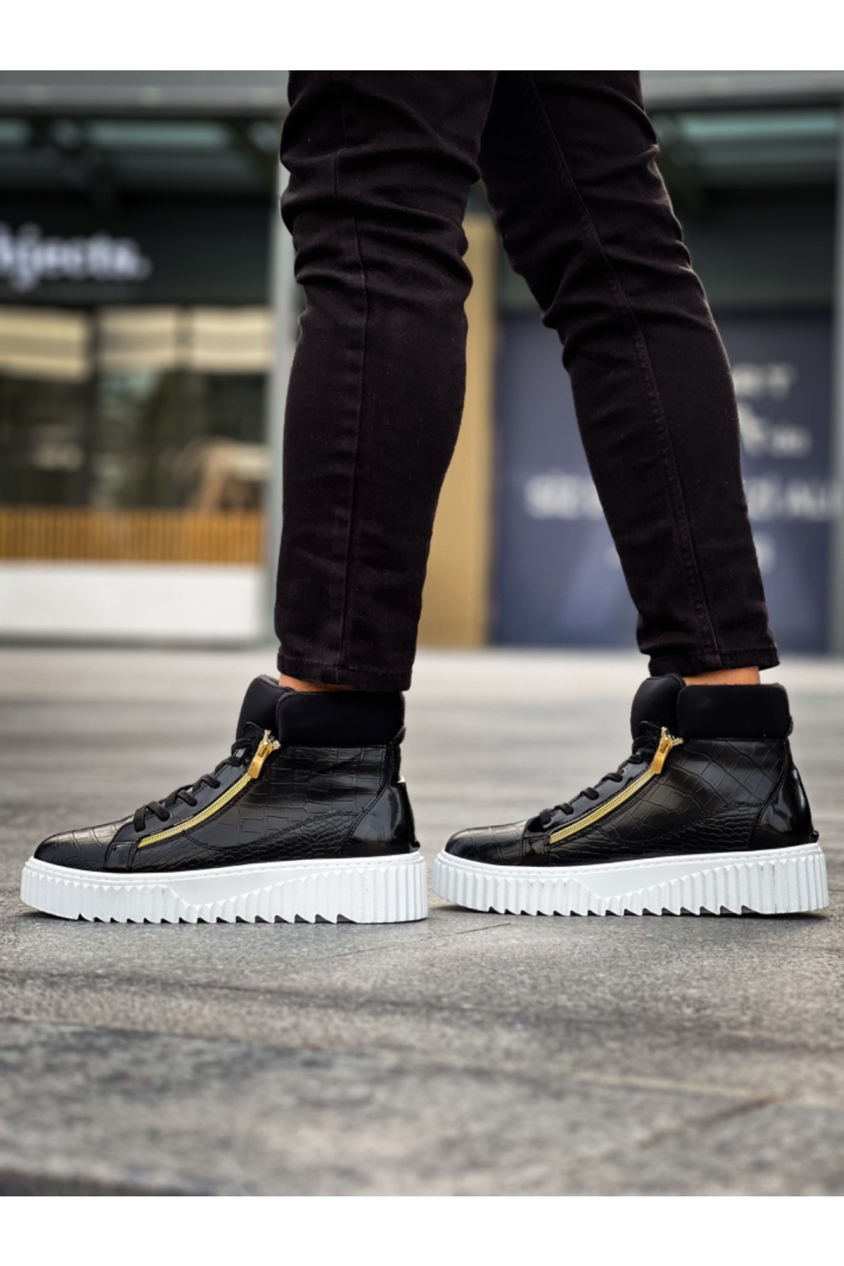Bağcıklı Çift Fermuarlı Erkek Spor Bot SİYAH (BEYAZ TABAN) - Görsel 7
