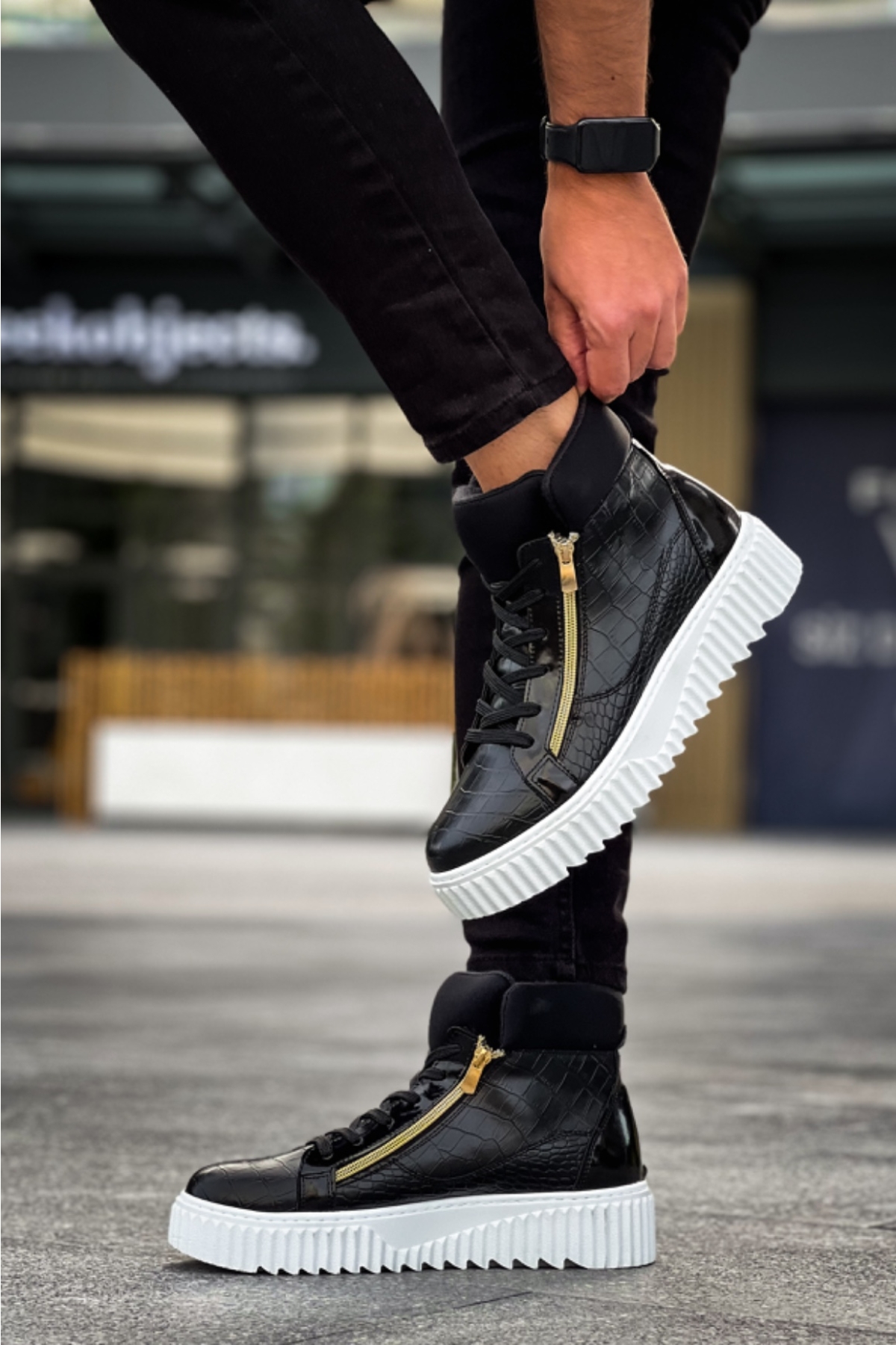 Bağcıklı Çift Fermuarlı Erkek Spor Bot SİYAH (BEYAZ TABAN) - Görsel 8