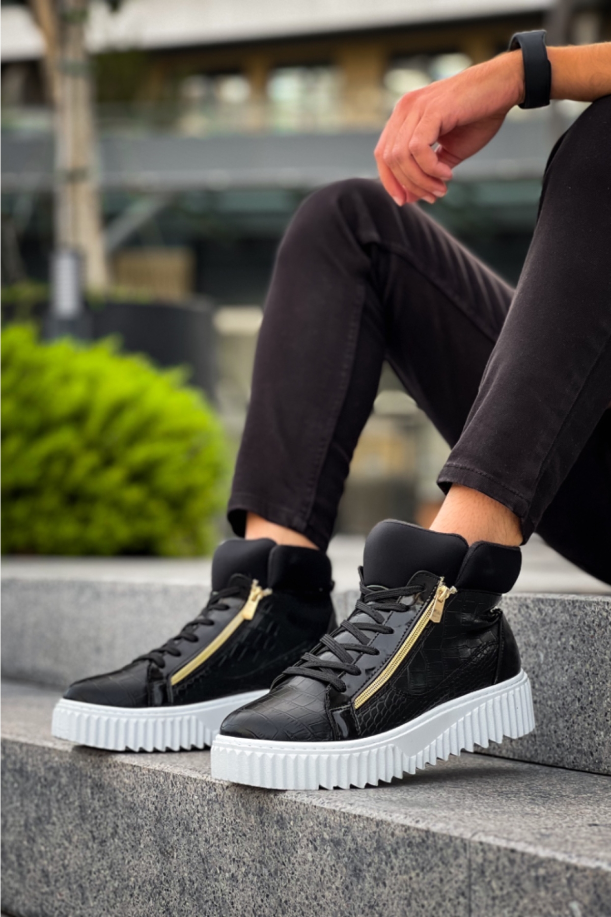 Bağcıklı Çift Fermuarlı Erkek Spor Bot SİYAH (BEYAZ TABAN) - Görsel 9