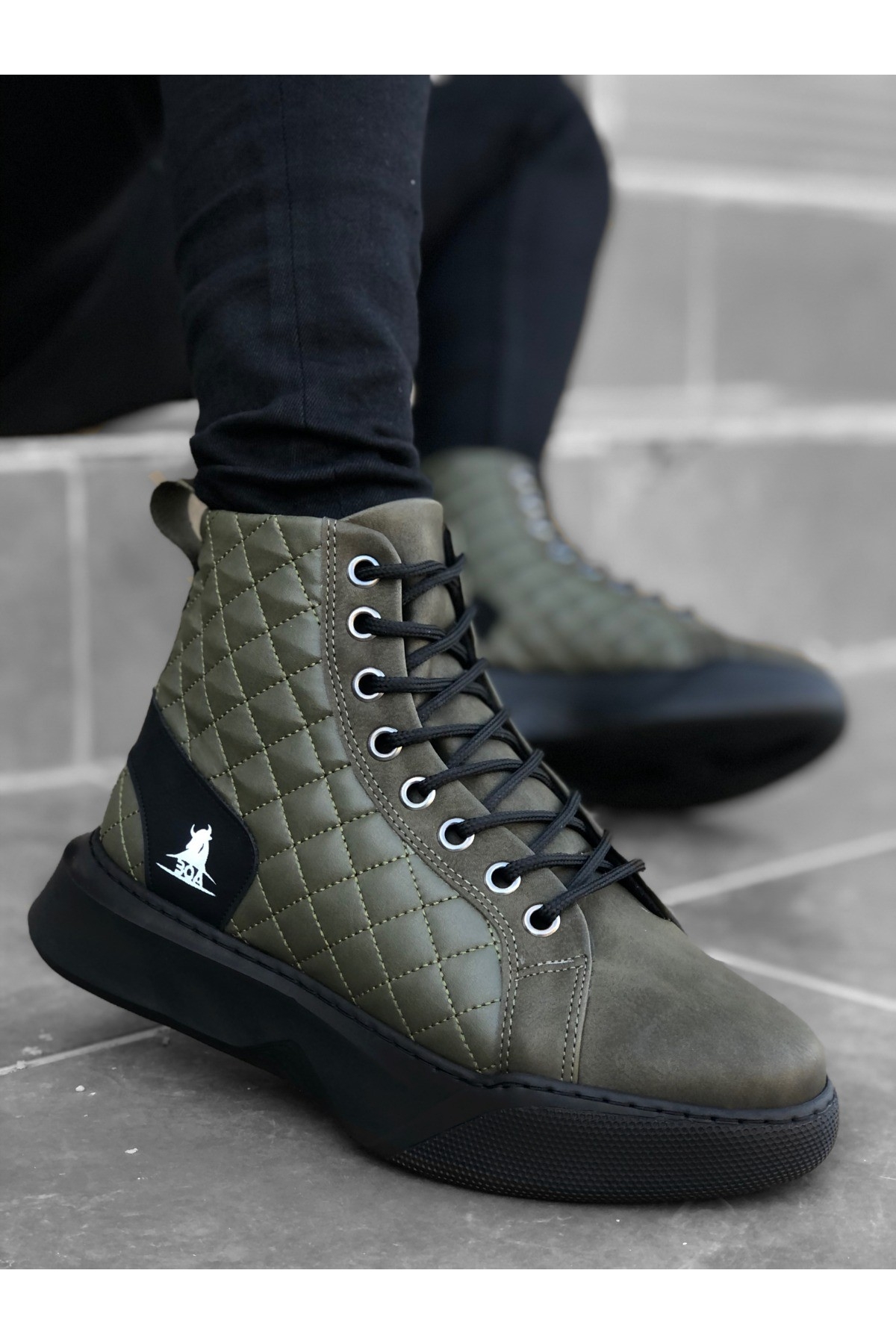 Bağcıklı Kapitone Erkek Spor Bot HAKİ YEŞİL (SİYAH TABAN) - Görsel 4