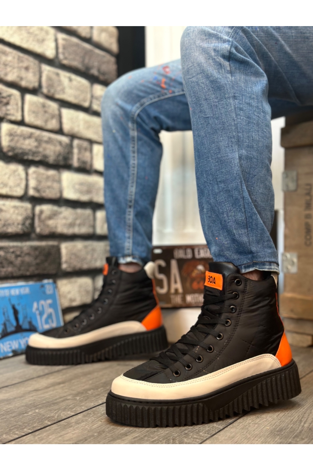 Bağcıklı Paraşüt Kumaş Turuncu Detaylı Erkek Spor Bot SİYAH (SİYAH TABAN) - Görsel 3