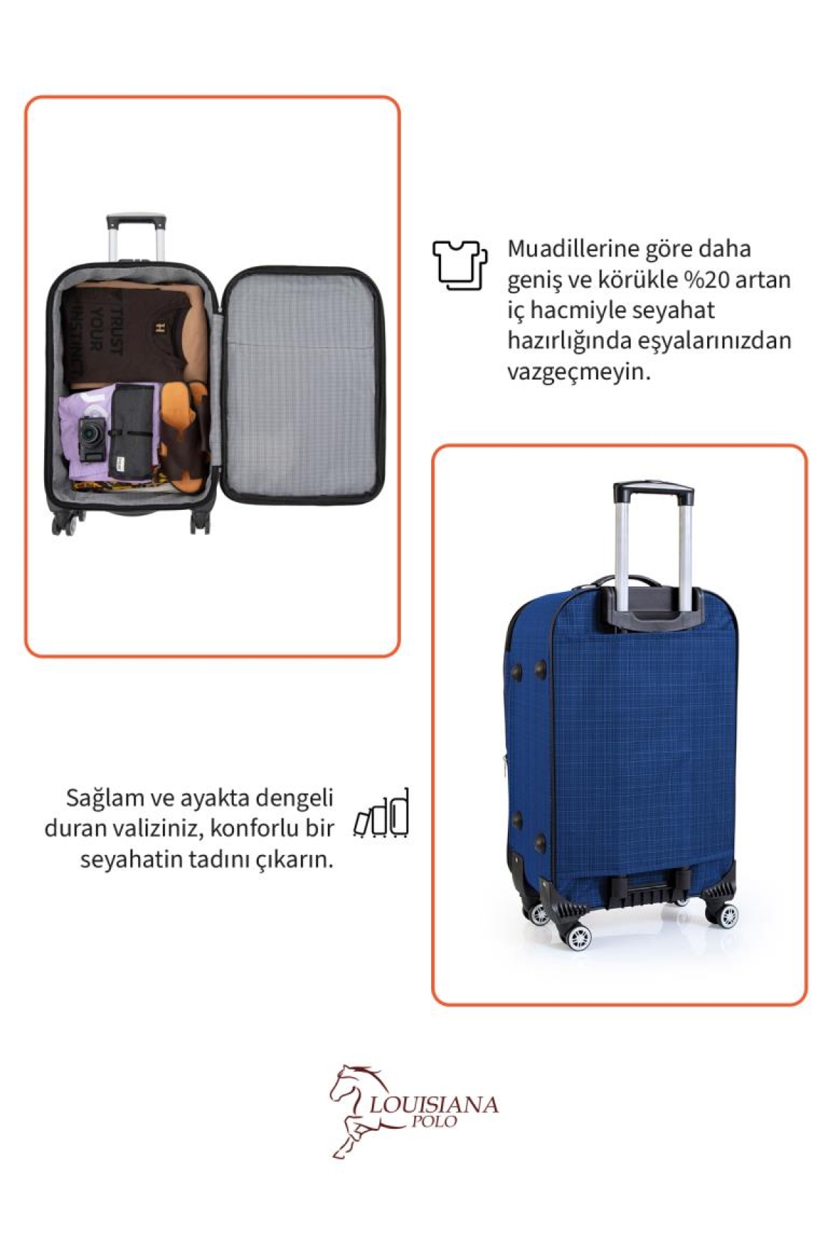 Orta ve Kabin Boy Valiz Seti 4 Teker Kumaş Valiz Saks Mavi 1081