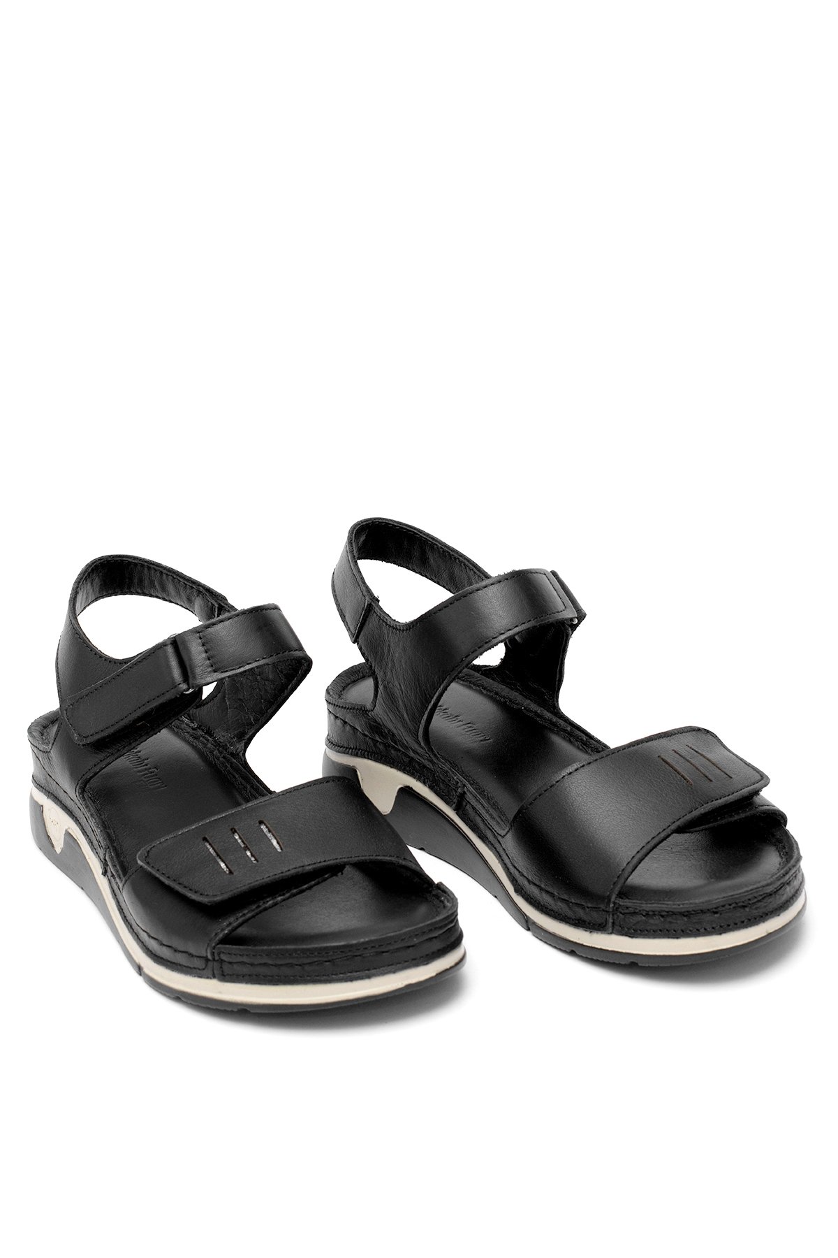 Elit RhmM-22 Kadın Hakiki Deri Ortopedik Düz Sandalet Siyah - Görsel 2