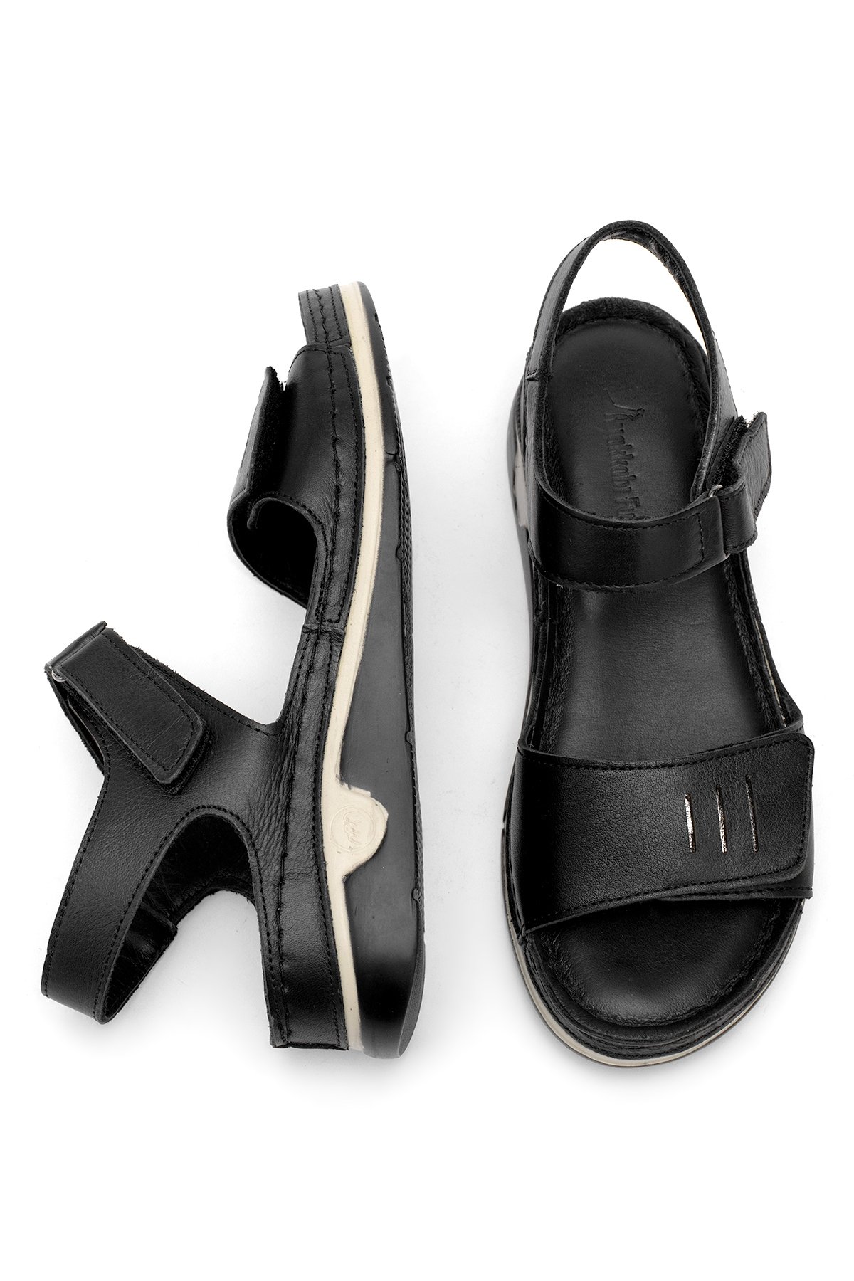 Elit RhmM-22 Kadın Hakiki Deri Ortopedik Düz Sandalet Siyah - Görsel 5