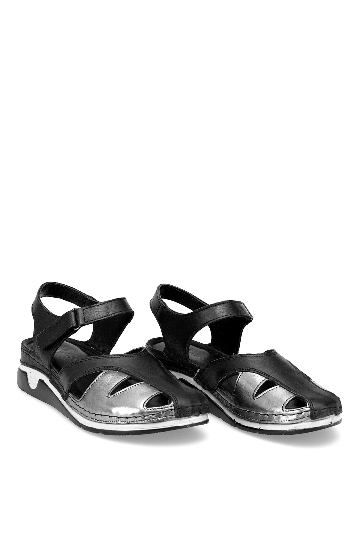 Elit RhmM-01 Kadın Hakiki Deri Ortopedik Düz Sandalet Siyah - Görsel 2