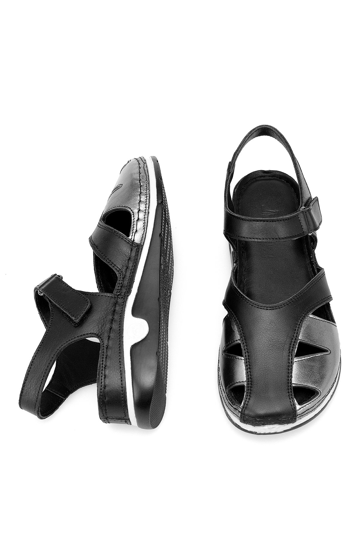 Elit RhmM-01 Kadın Hakiki Deri Ortopedik Düz Sandalet Siyah - Görsel 5