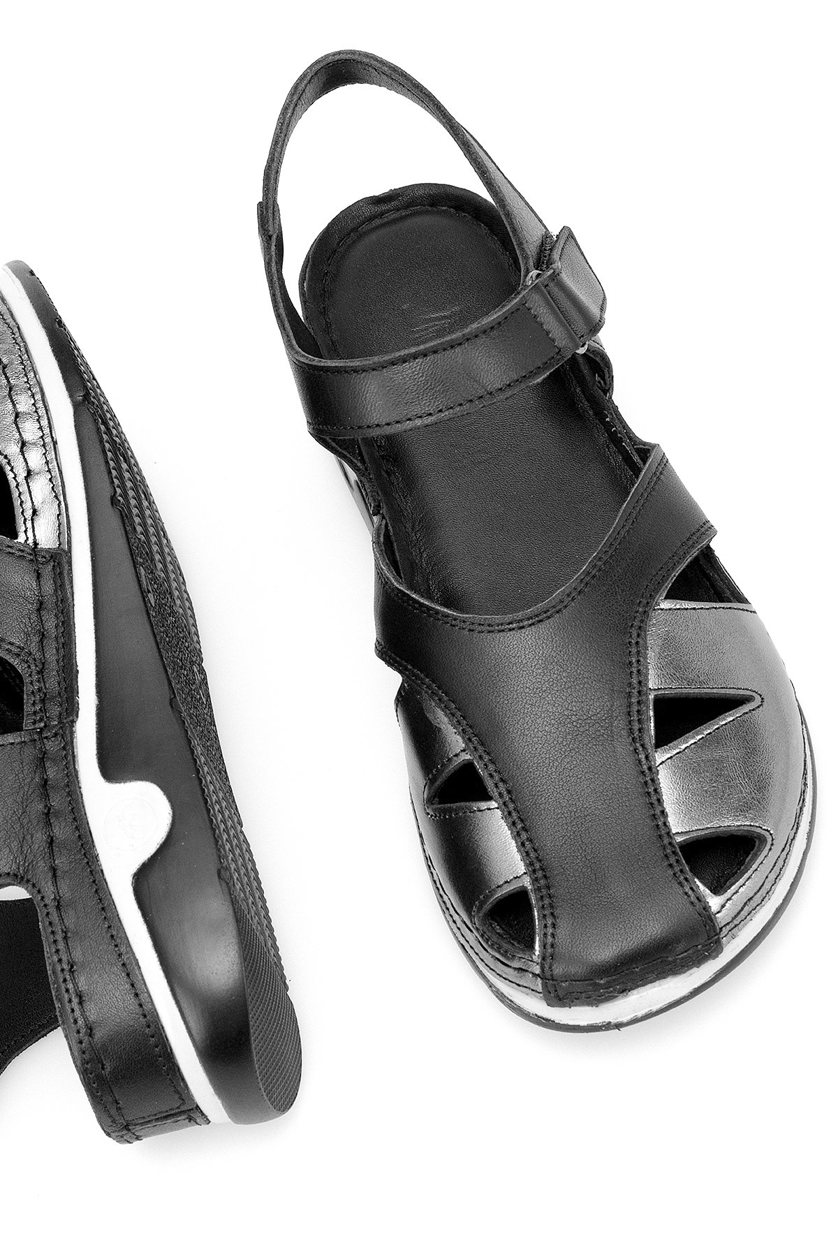 Elit RhmM-01 Kadın Hakiki Deri Ortopedik Düz Sandalet Siyah - Görsel 6