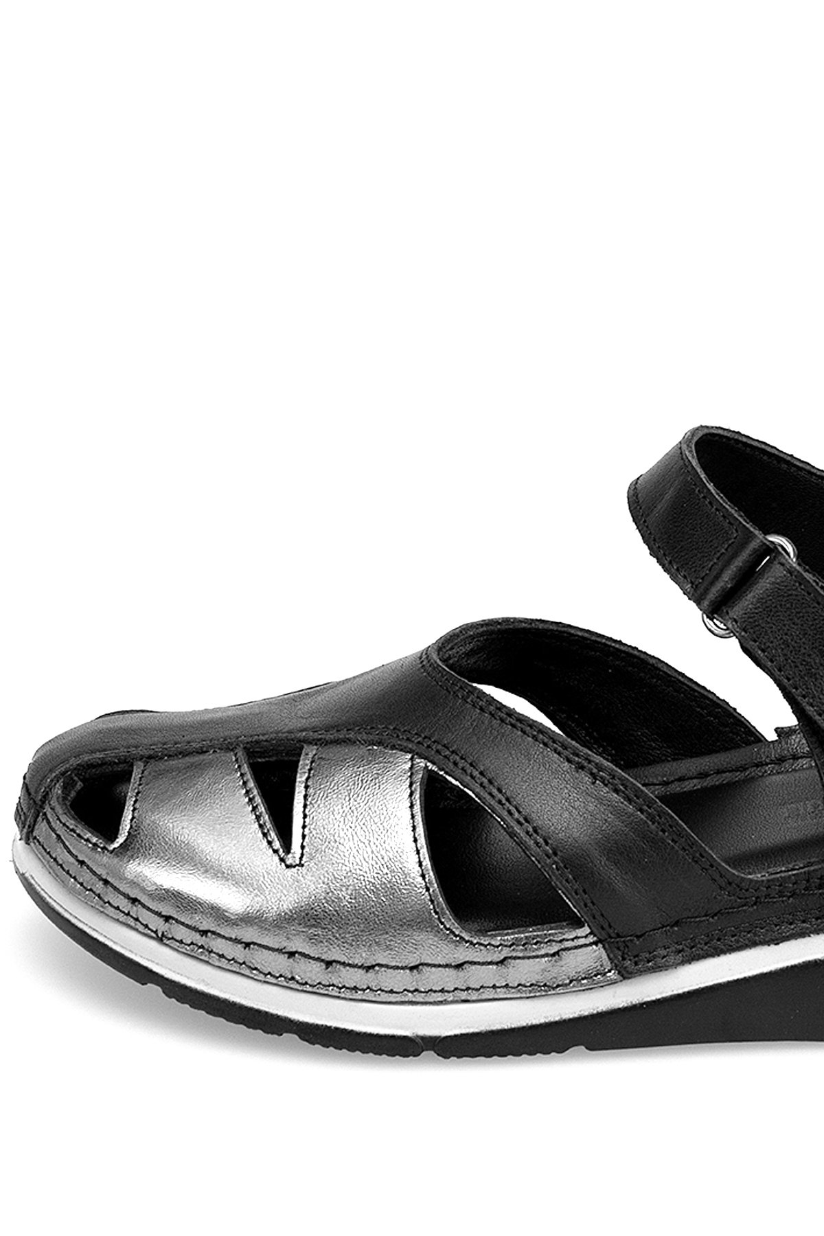 Elit RhmM-01 Kadın Hakiki Deri Ortopedik Düz Sandalet Siyah - Görsel 8