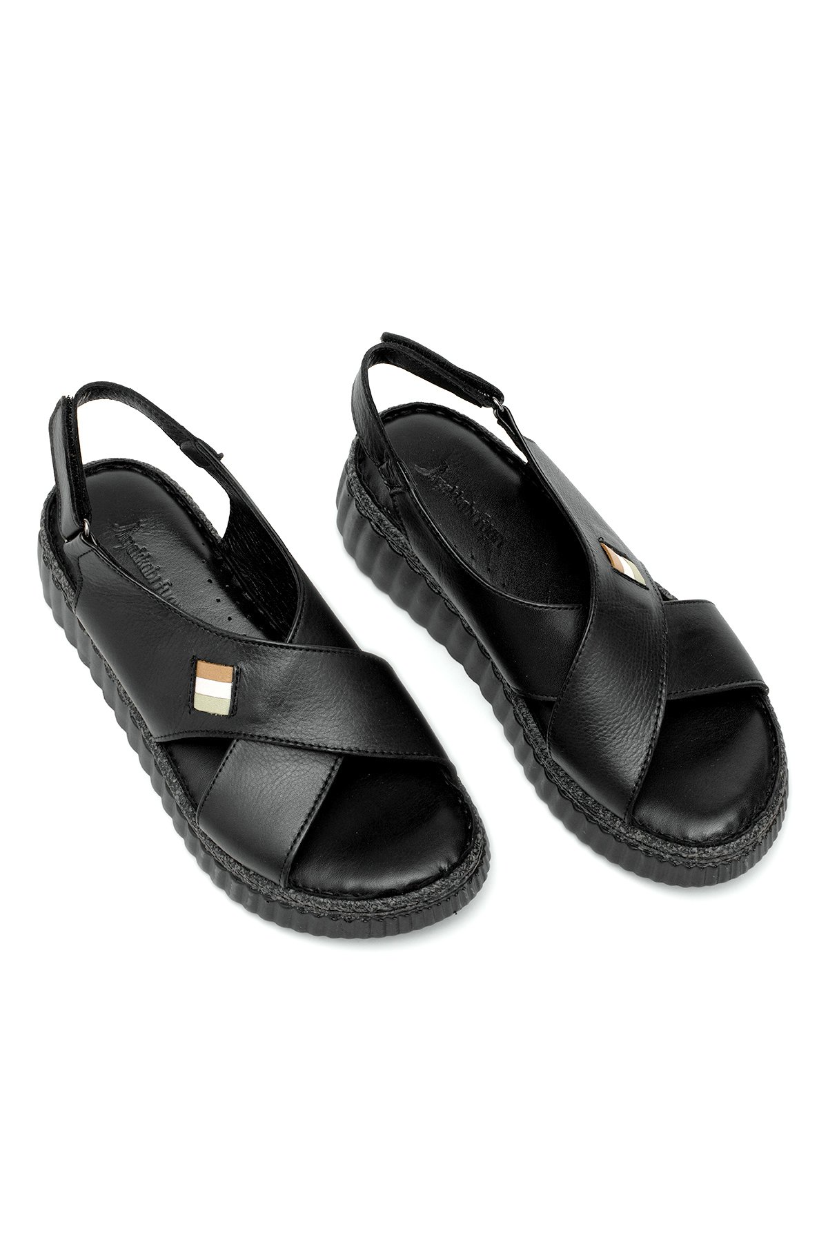 Elit Rhm408 Kadın Hakiki Deri Ortopedik Düz Sandalet Siyah - Görsel 3