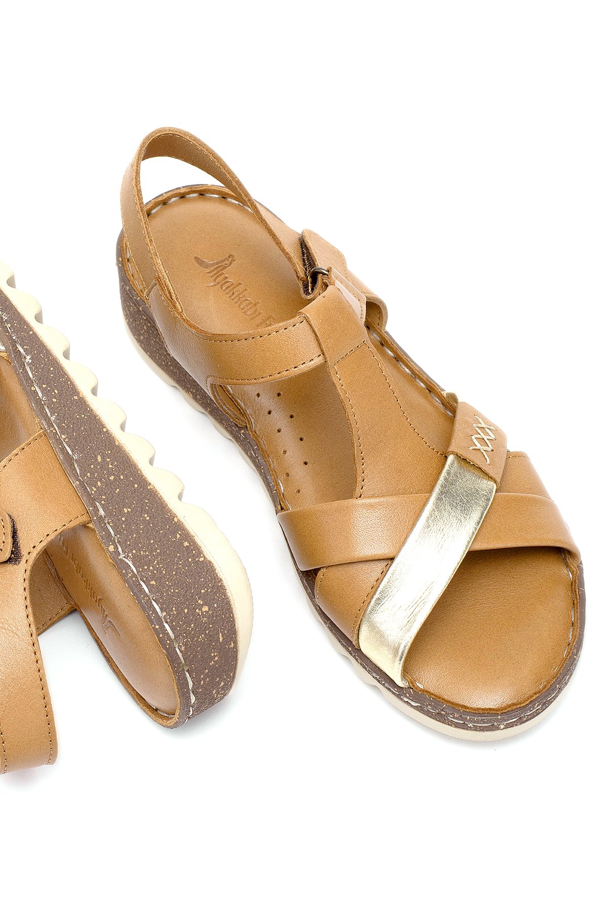 Elit Rhm207 Kadın Hakiki Deri Ortopedik Düz Sandalet Taba - Görsel 6