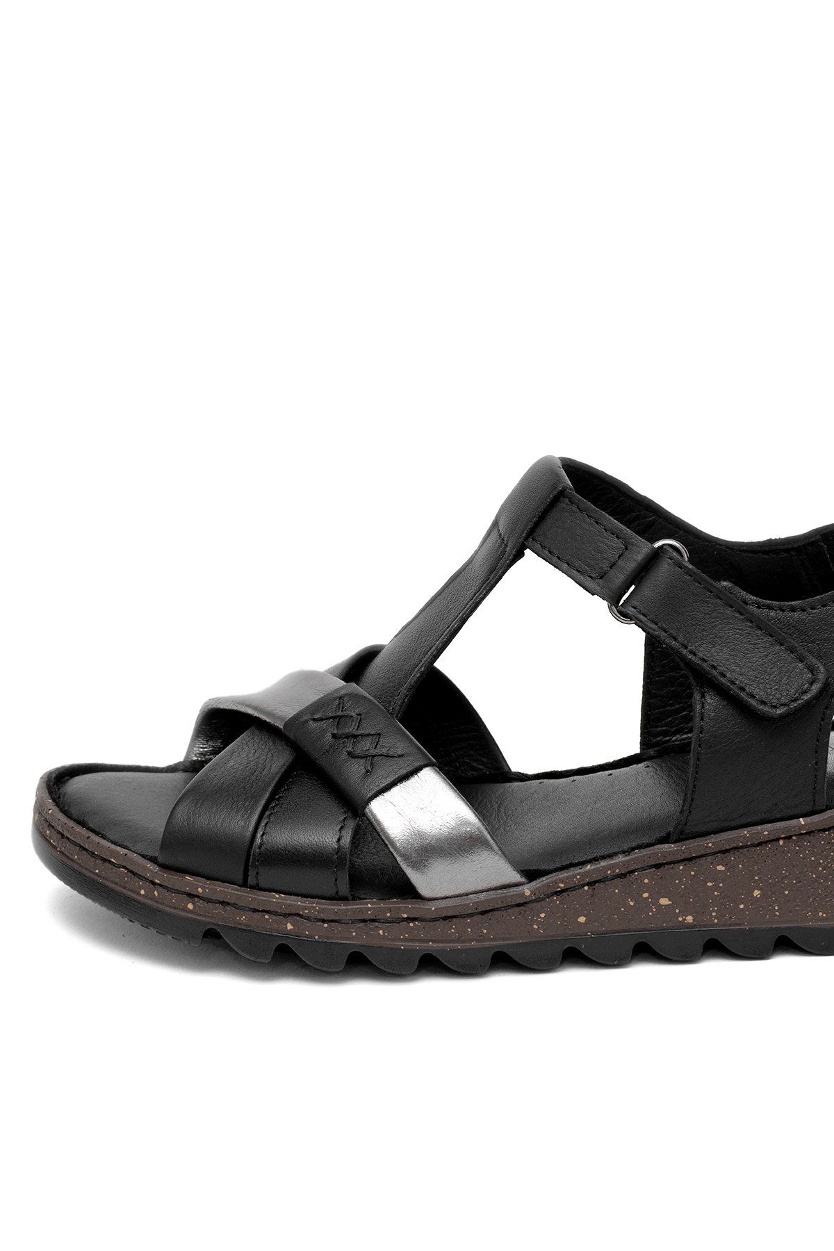 Elit Rhm207 Kadın Hakiki Deri Ortopedik Düz Sandalet Siyah - Görsel 7