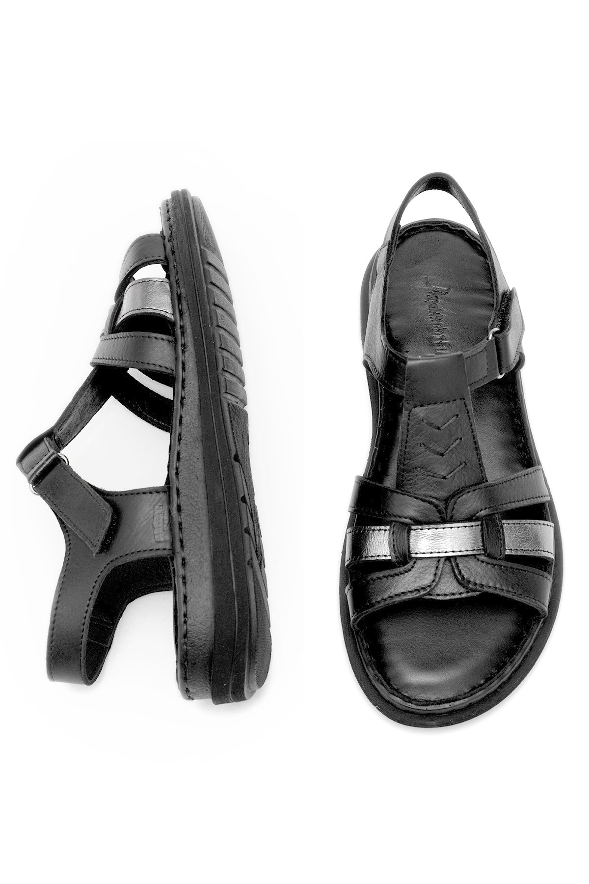 Elit Rhm017 Kadın Hakiki Deri Ortopedik Düz Sandalet Siyah - Görsel 5