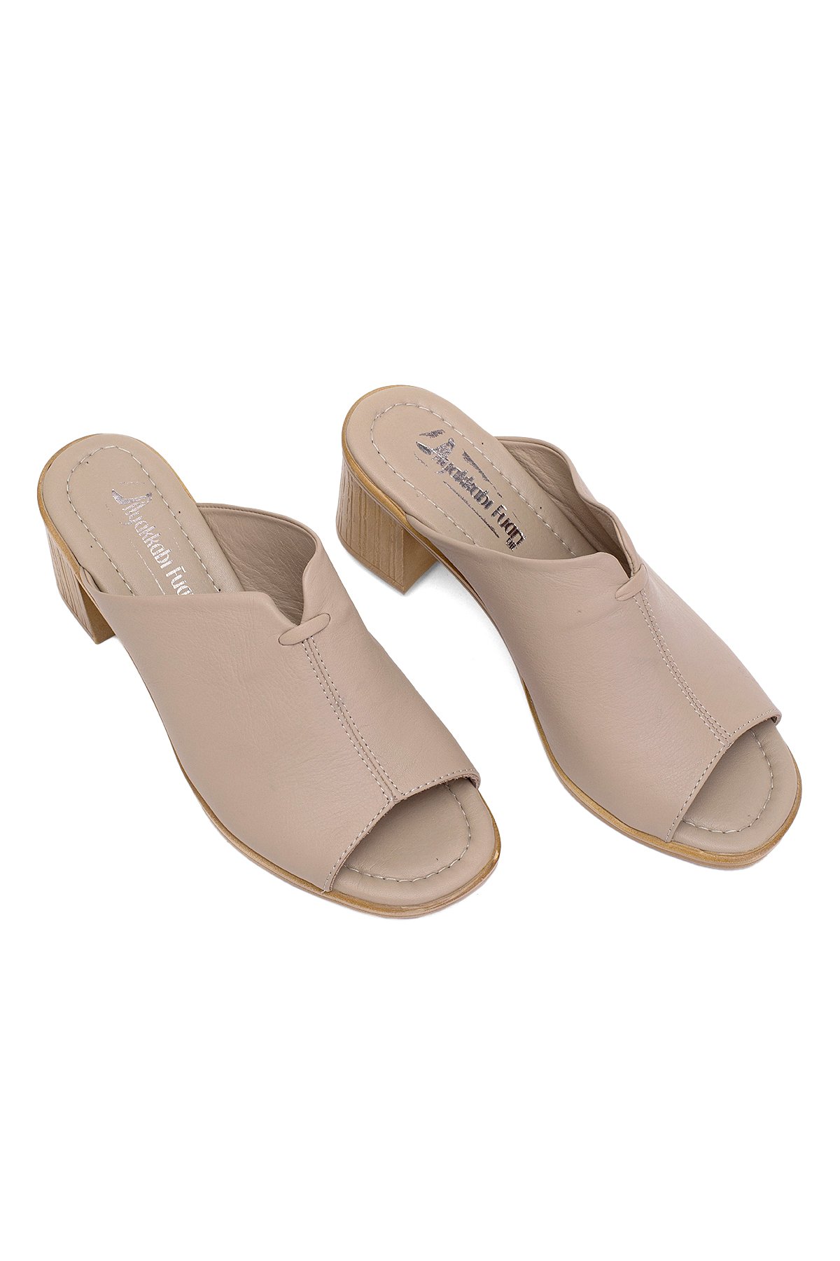 Elit Koc22-10 Kadın Hakiki Deri Topuklu Terlik Bej - Görsel 3