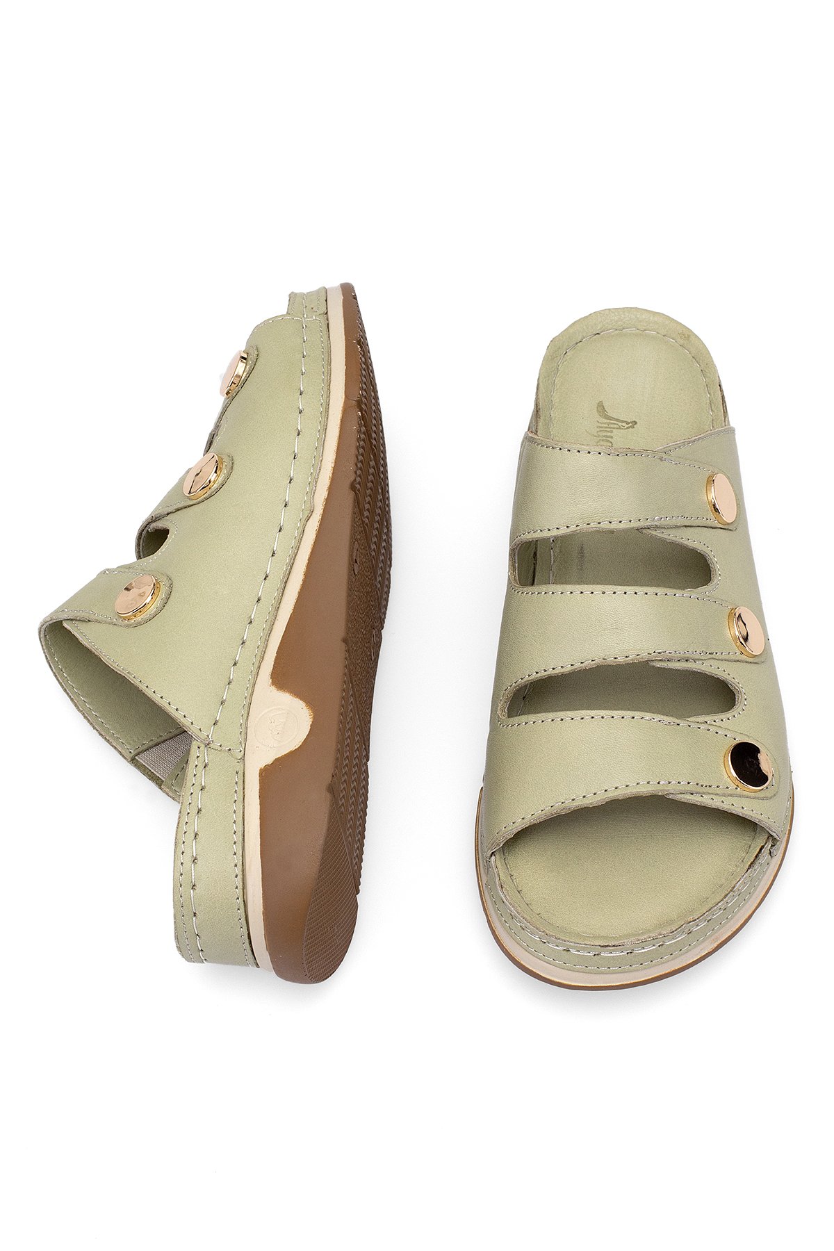 Elit RhmM-15 Kadın Hakiki Deri Ortopedik Düz Terlik Yeşil - Görsel 5