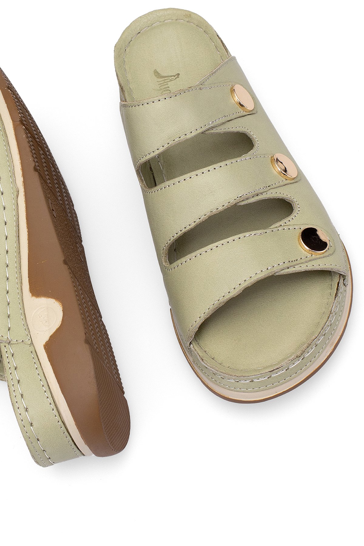 Elit RhmM-15 Kadın Hakiki Deri Ortopedik Düz Terlik Yeşil - Görsel 6