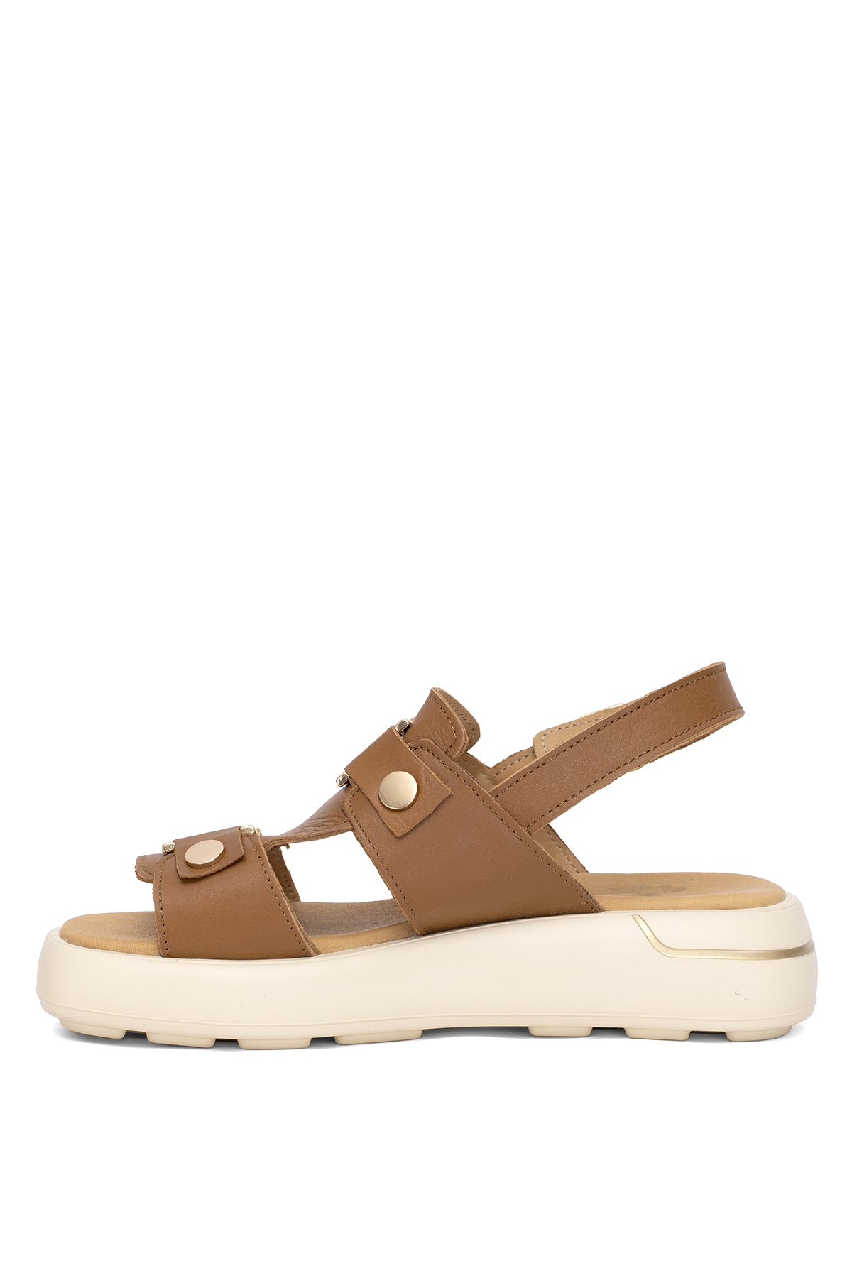 25440007Y Kadın Hakiki Deri Düz Sandalet Taba - Görsel 4