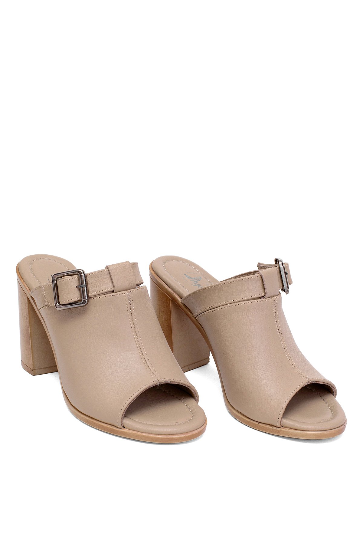 Elit Koc17-03 Kadın Hakiki Deri Topuklu Terlik Bej - Görsel 2