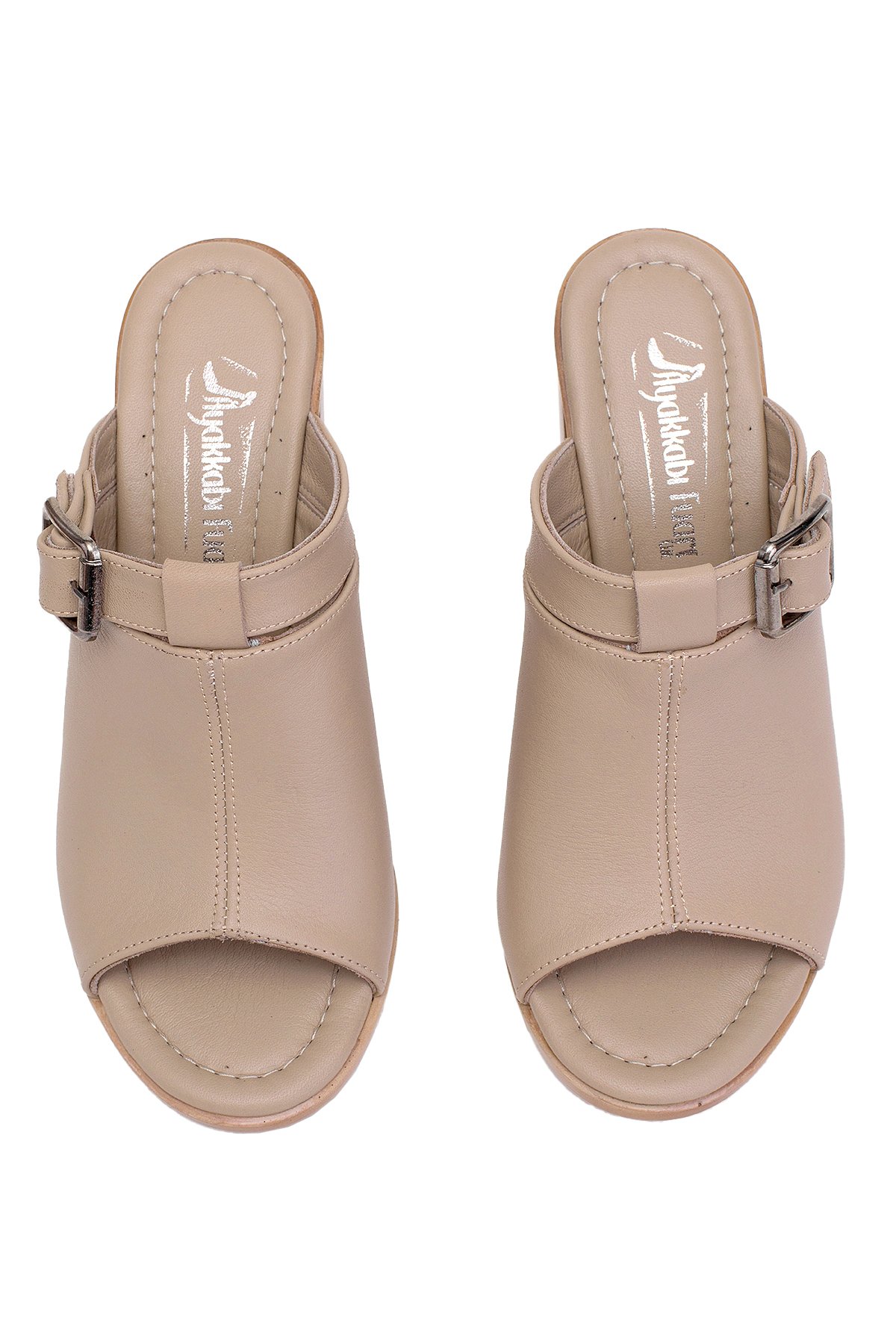 Elit Koc17-03 Kadın Hakiki Deri Topuklu Terlik Bej - Görsel 4