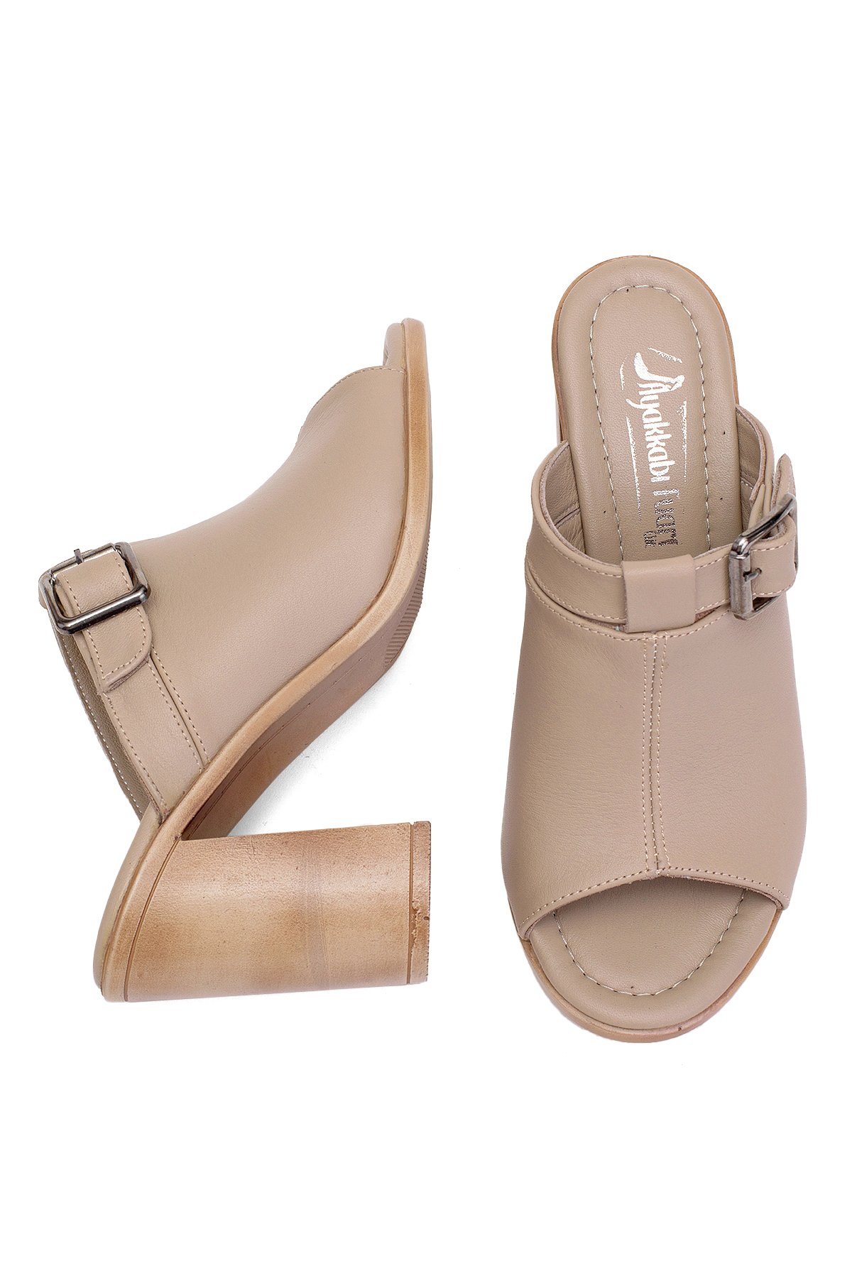 Elit Koc17-03 Kadın Hakiki Deri Topuklu Terlik Bej - Görsel 5