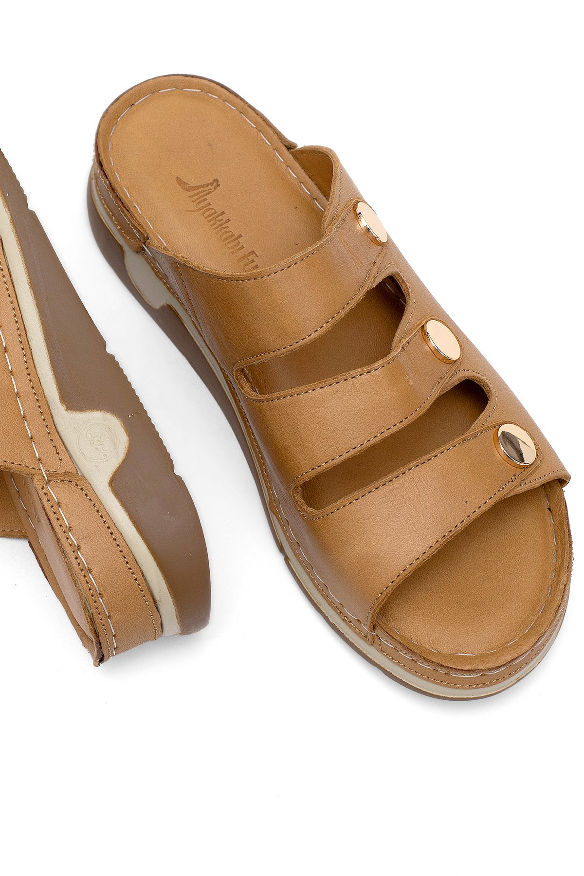 Elit RhmM-15 Kadın Hakiki Deri Ortopedik Düz Terlik Taba - Görsel 6