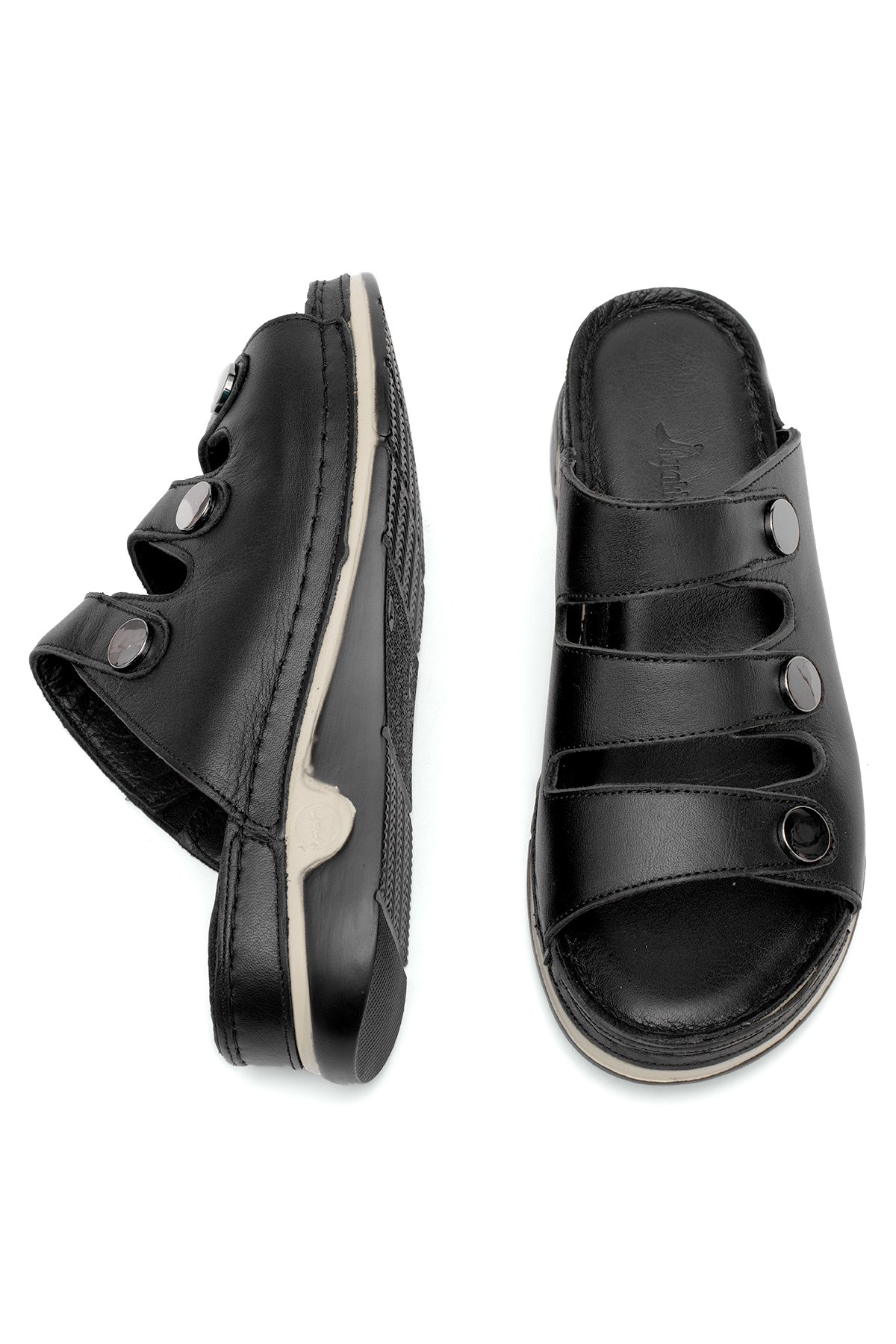 Elit RhmM-15 Kadın Hakiki Deri Ortopedik Düz Terlik Siyah - Görsel 5